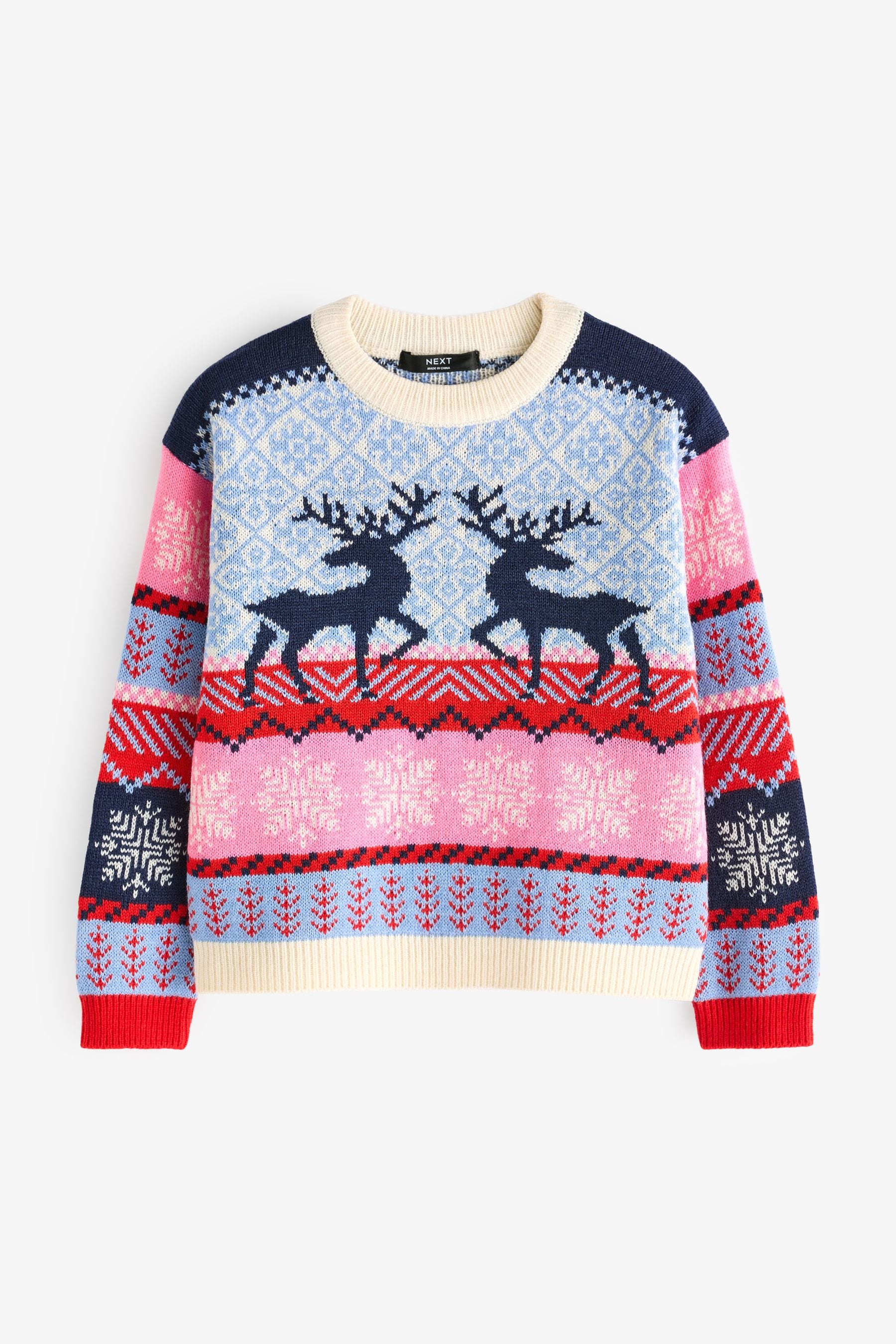 Navy Blue/Pink Matching Family Girls Christmas Fairisle Reindeer Jumper (3mths-16yrs)