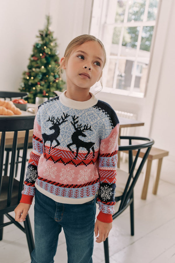 Navy Blue/Pink Matching Family Girls Christmas Fair Isle Pattern Reindeer Jumper (3mths-16yrs)