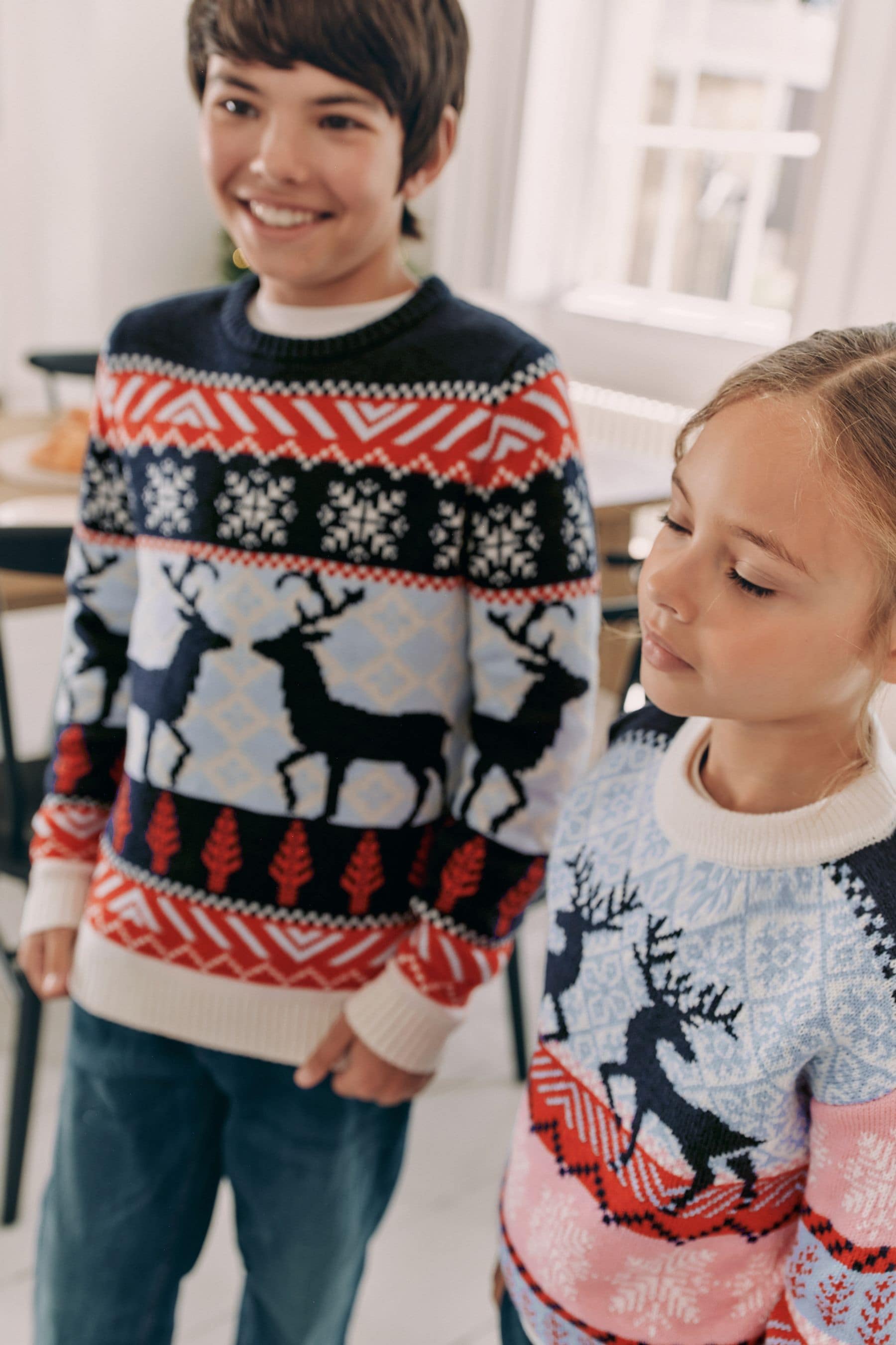 Navy Blue/Red Matching Family Boys Christmas Fairisle Pattern Reindeer Jumper (3mths-16yrs)