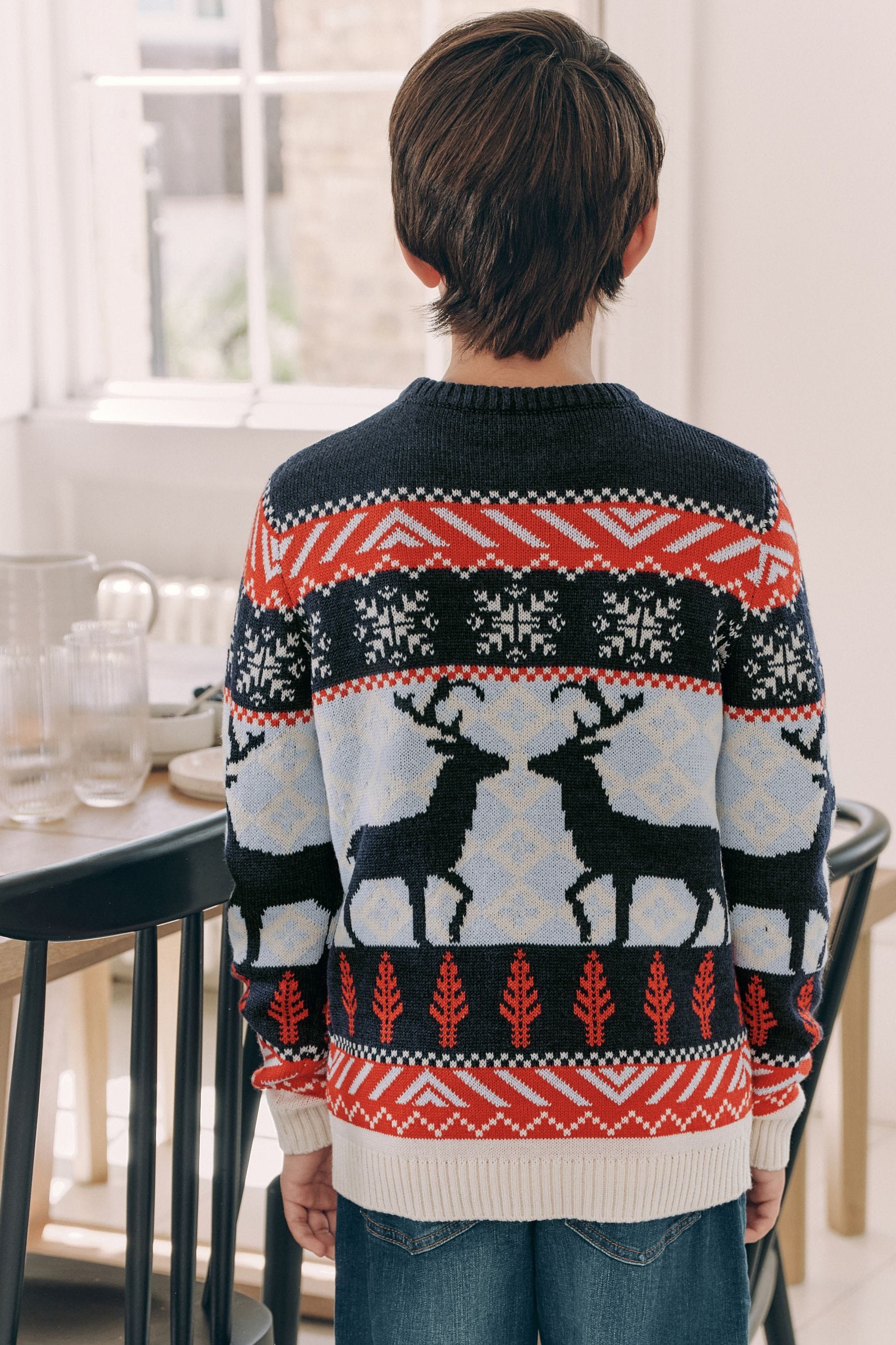 Navy Blue/Red Matching Family Boys Christmas Fairisle Pattern Reindeer Jumper (3mths-16yrs)