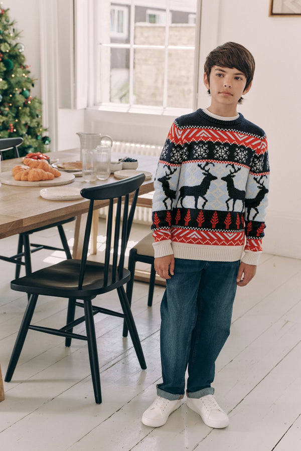 Navy Blue/Red Matching Family Boys Christmas Fairisle Pattern Reindeer Jumper (3mths-16yrs)