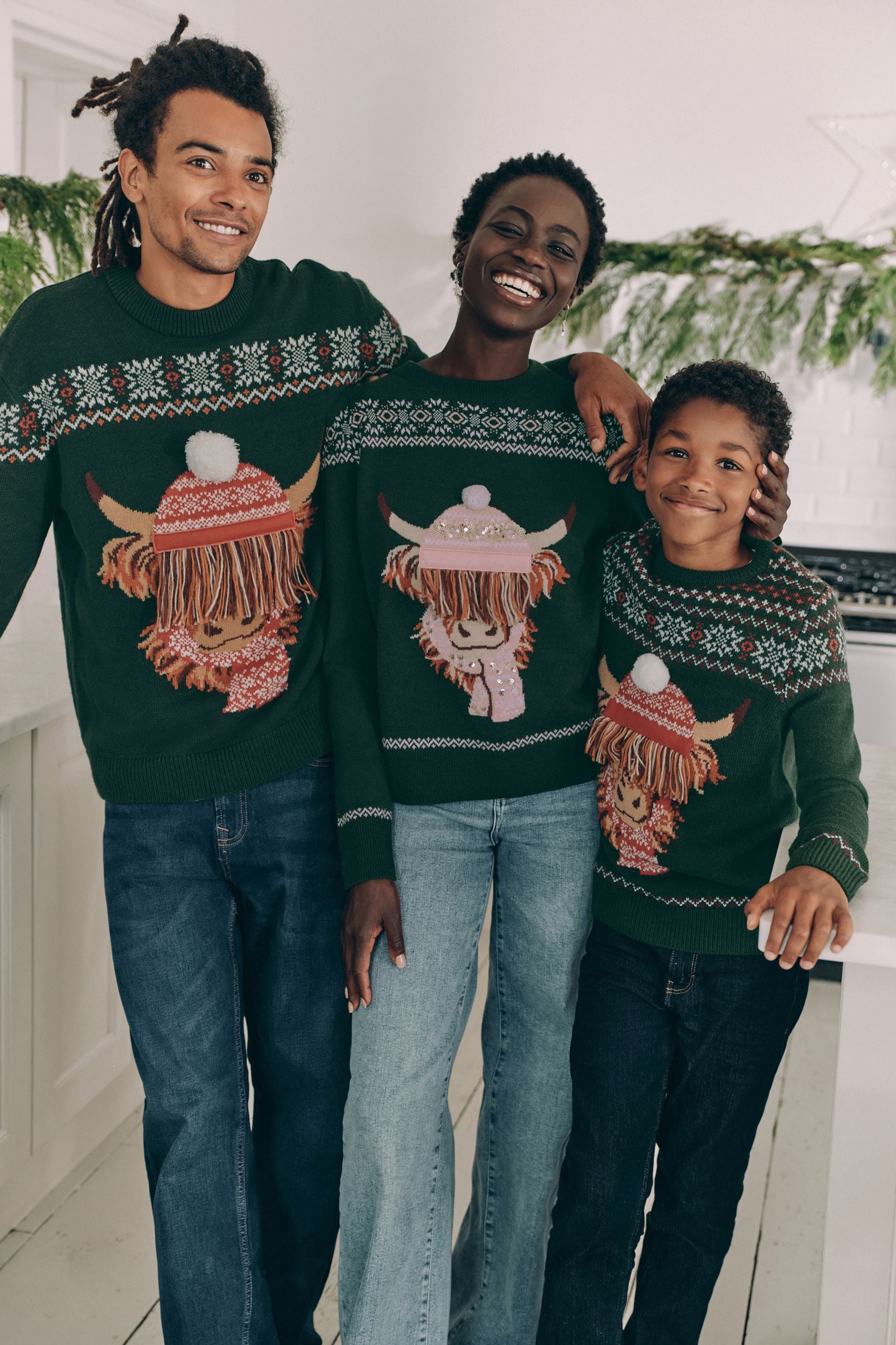 Dark Green Matching Family Kids Christmas Hamish The Highland Cow Jumper (3-16yrs)