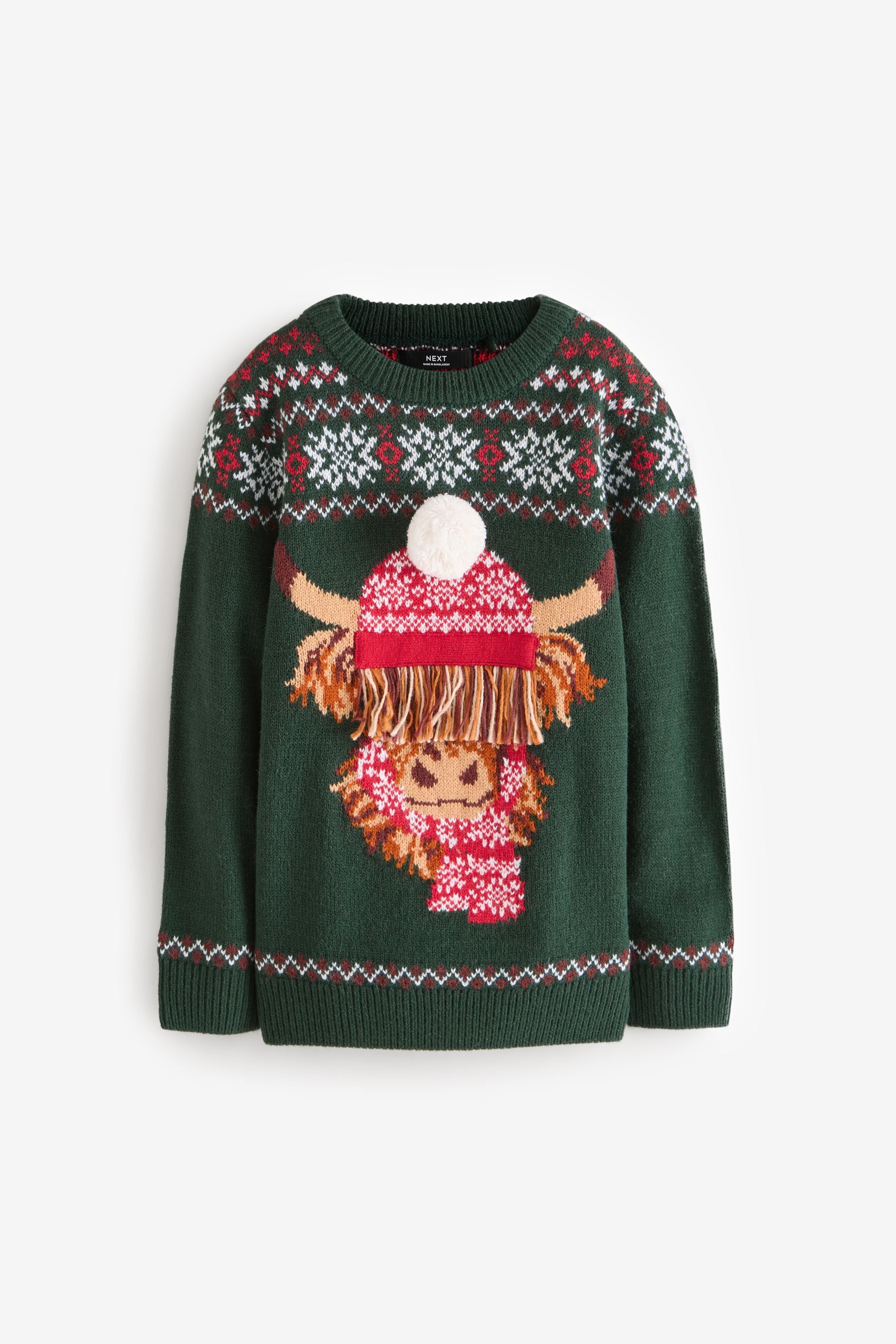 Dark Green Matching Family Kids Christmas Hamish The Highland Cow Jumper (3-16yrs)