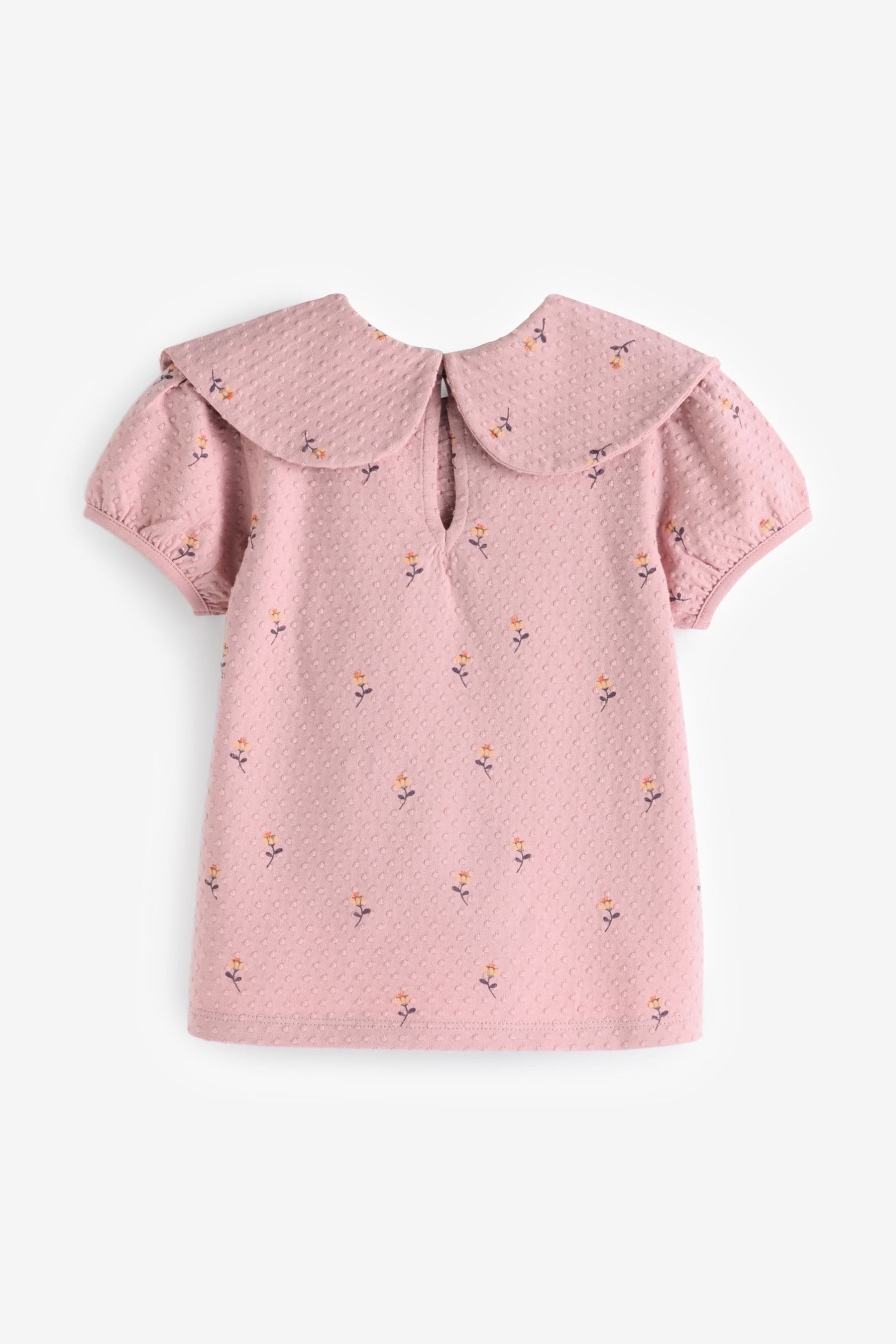 Pink Ditsy Textured Puff Short Sleeve Collar Top (3mths-7yrs)