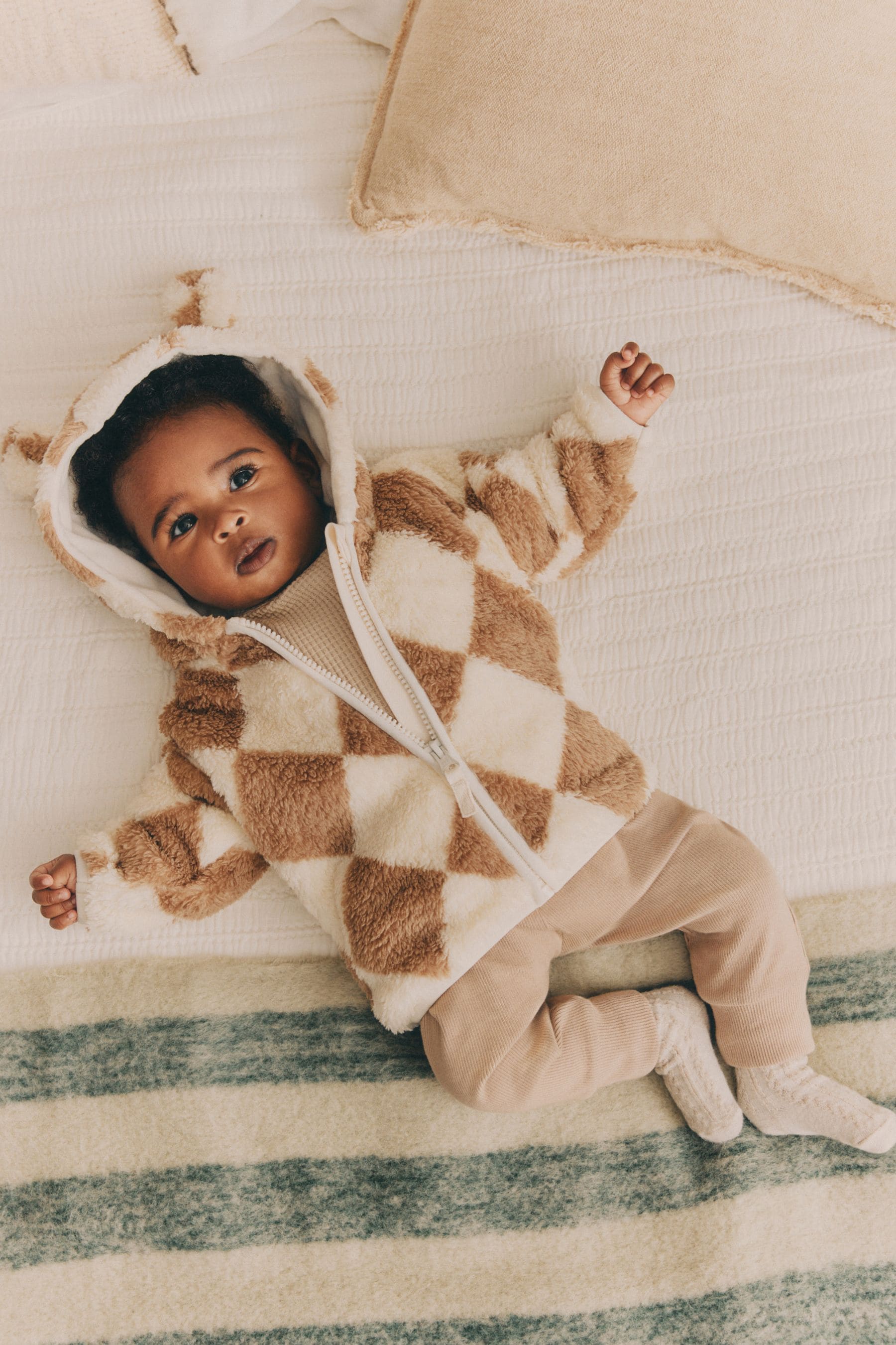 Beige Harlequin Cosy Fleece Baby Hooded Jacket