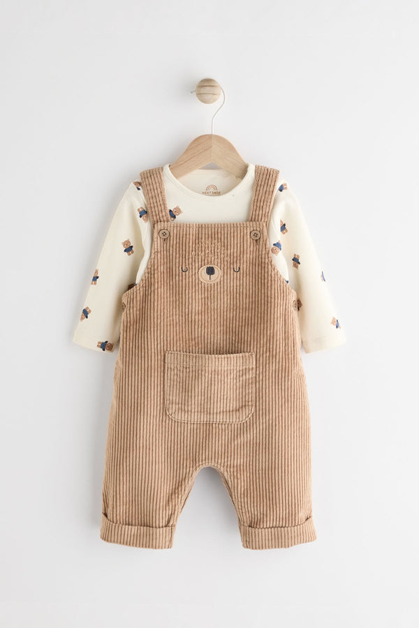 Tan Brown Cord 100% Cotton Baby Dungarees and Bodysuit Set (0mths-2yrs)