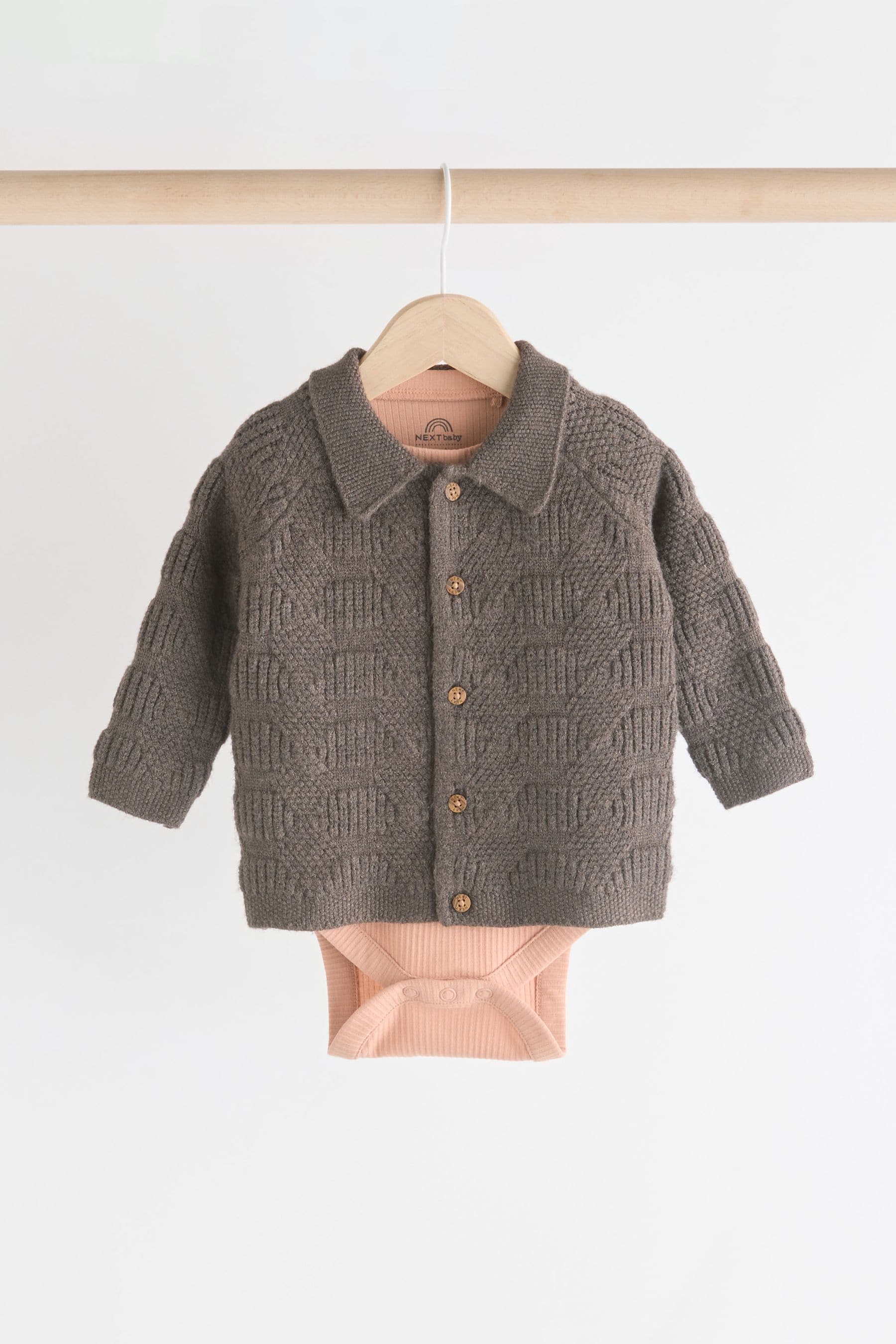 Brown Check Baby 100% Cotton Knitted Jumper and Trousers 3 Piece Set (0mths-2yrs)