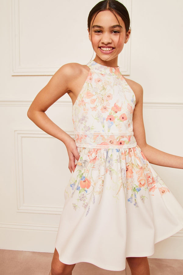 Cream Floral Halter Scuba Occasion Dress (5-16yrs)