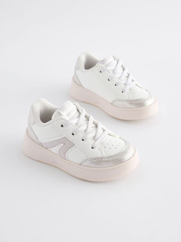 White Silver Chunky Elastic Lace-Up Trainers