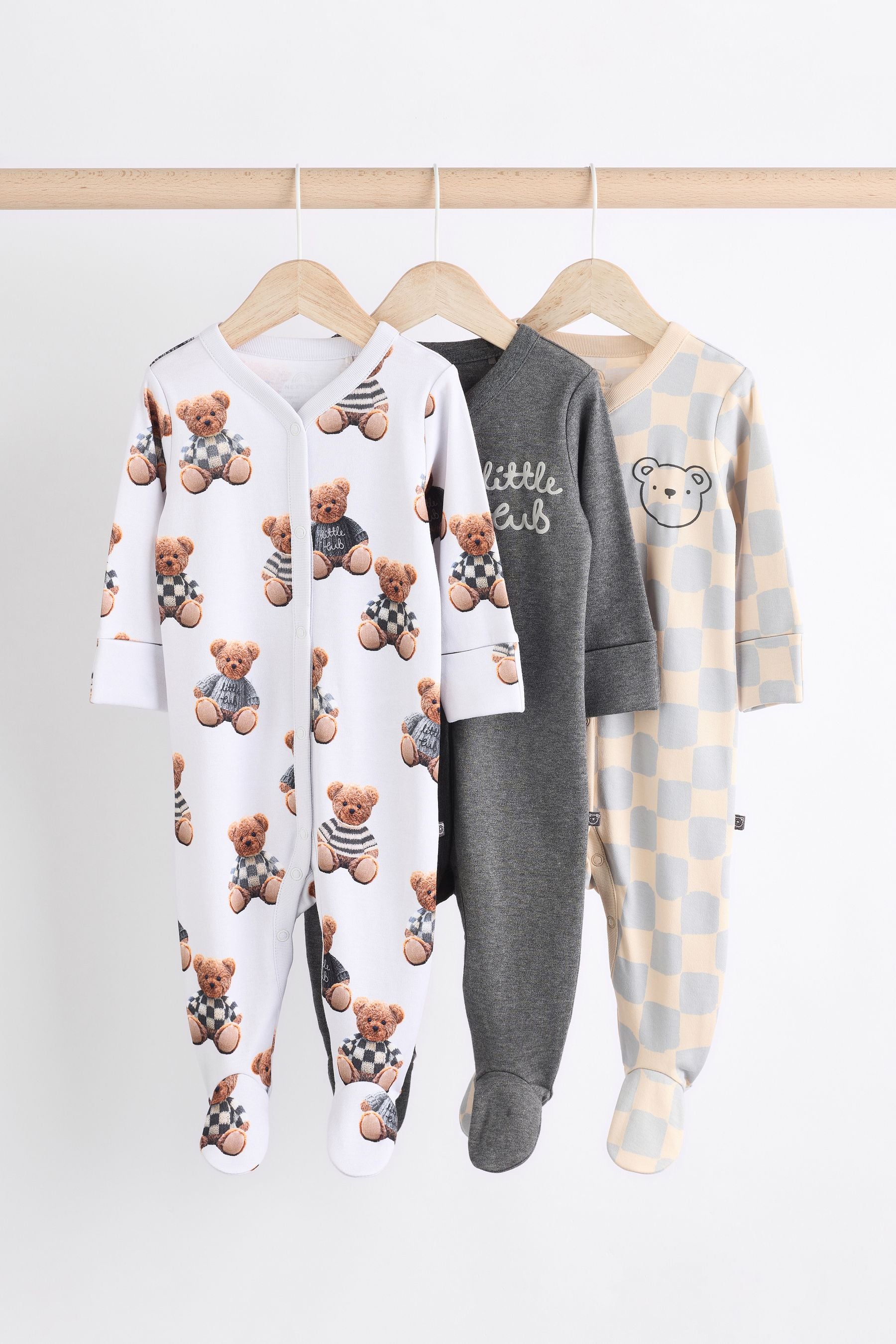 Bear Checkerboard Baby 100% Cotton Sleepsuits 3 Pack (0mths-3yrs)