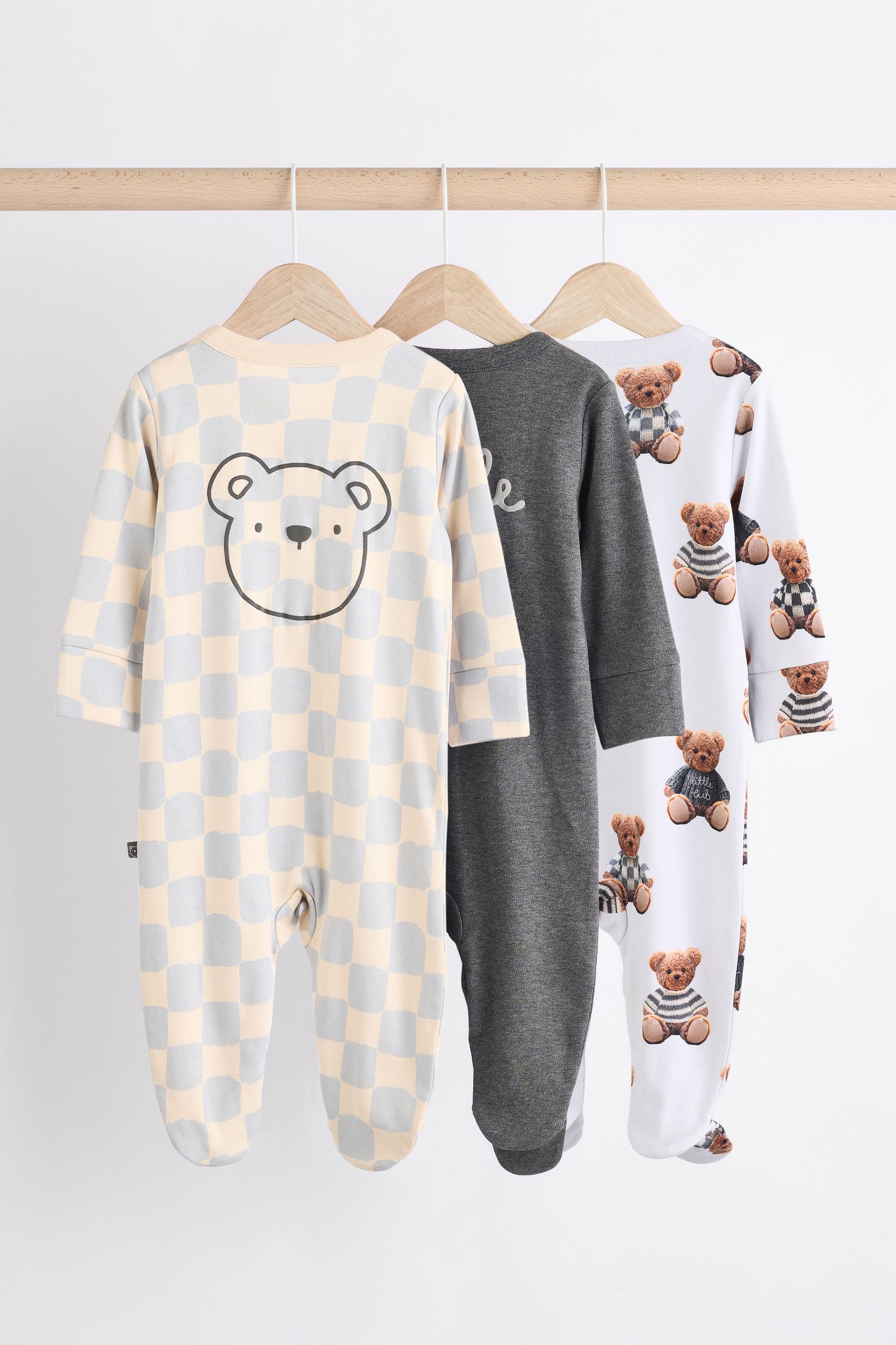 Bear Checkerboard 3 Pack Baby Sleepsuits (0mths-3yrs)