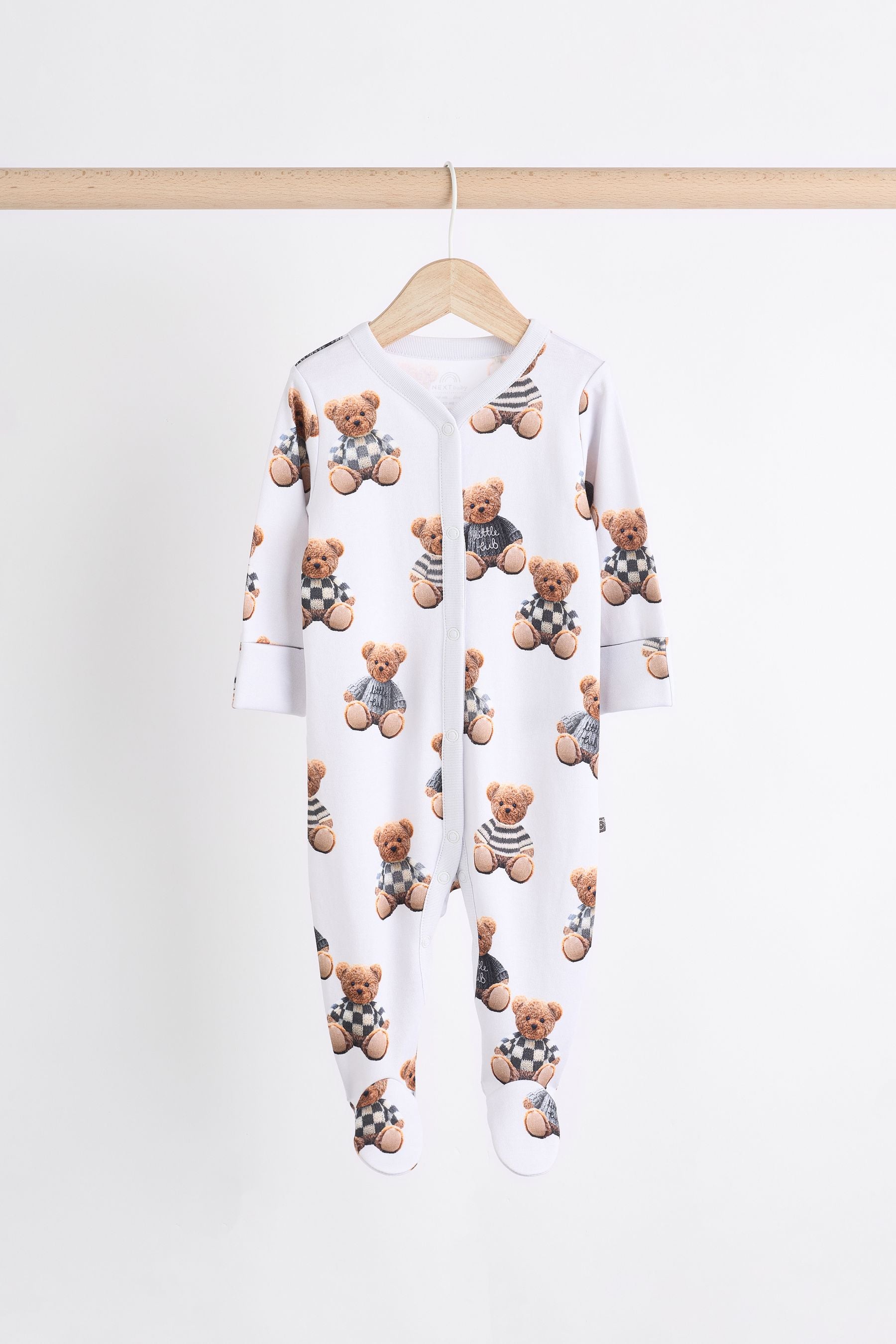 Bear Checkerboard 3 Pack Baby Sleepsuits (0mths-3yrs)