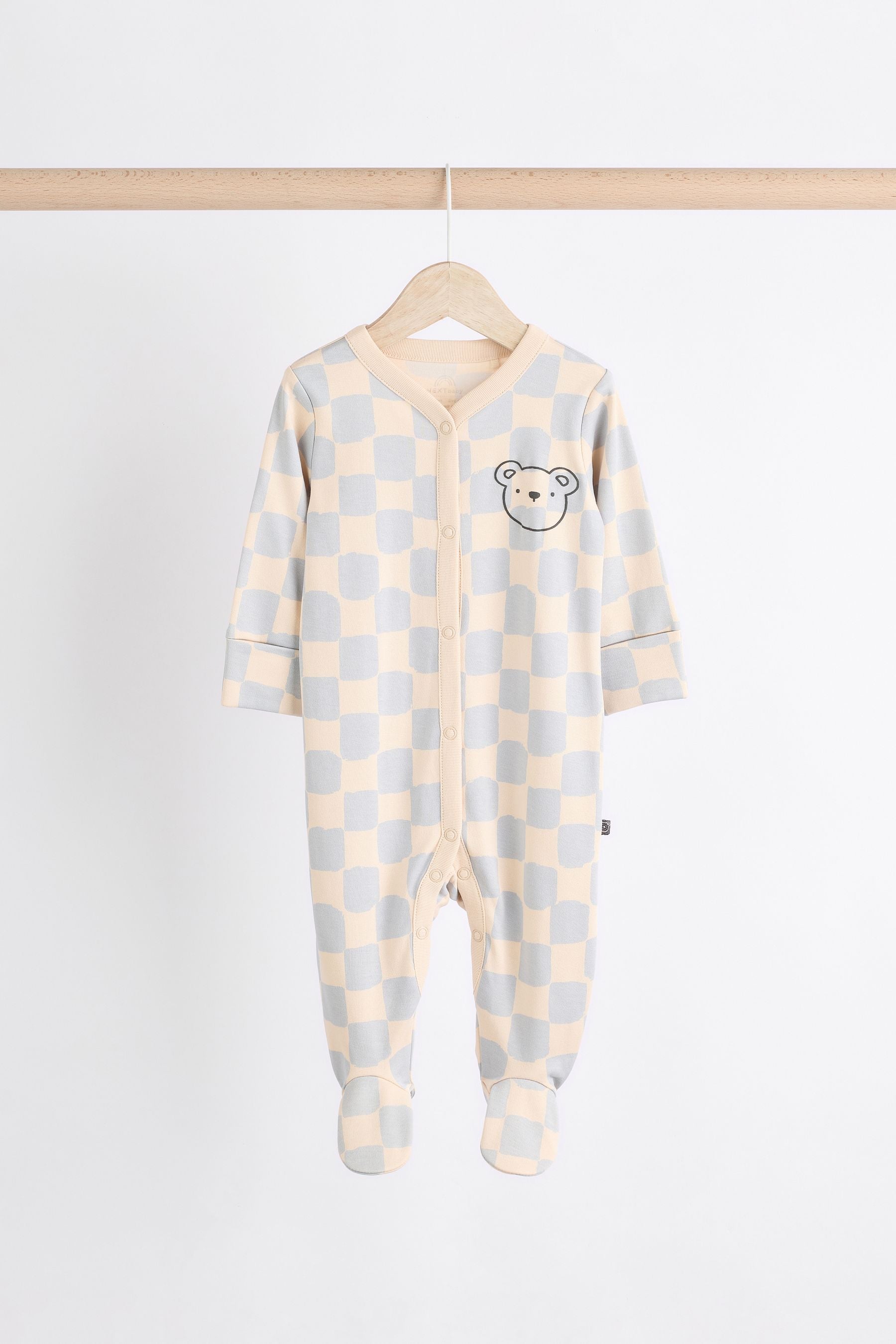 Bear Checkerboard 3 Pack Baby Sleepsuits (0mths-3yrs)