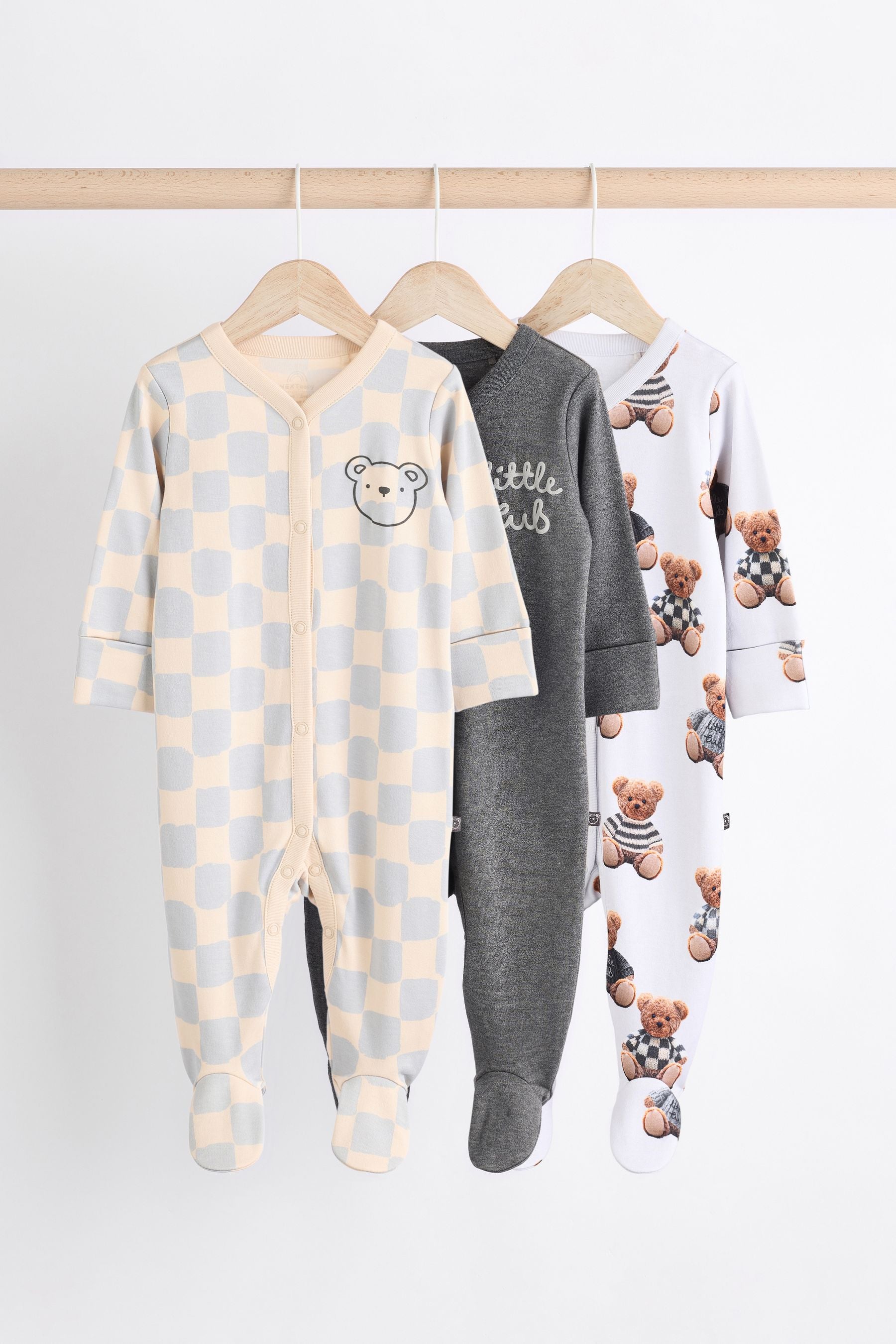 Bear Checkerboard 3 Pack Baby Sleepsuits (0mths-3yrs)