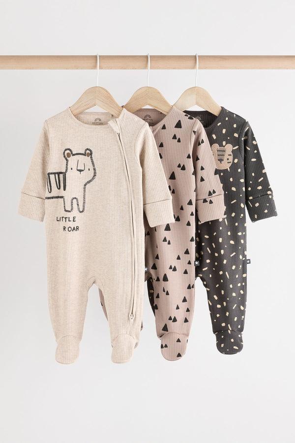 Monochrome Baby 2 Way Zip 100% Cotton Sleepsuits 3 Pack (0mths-2yrs)