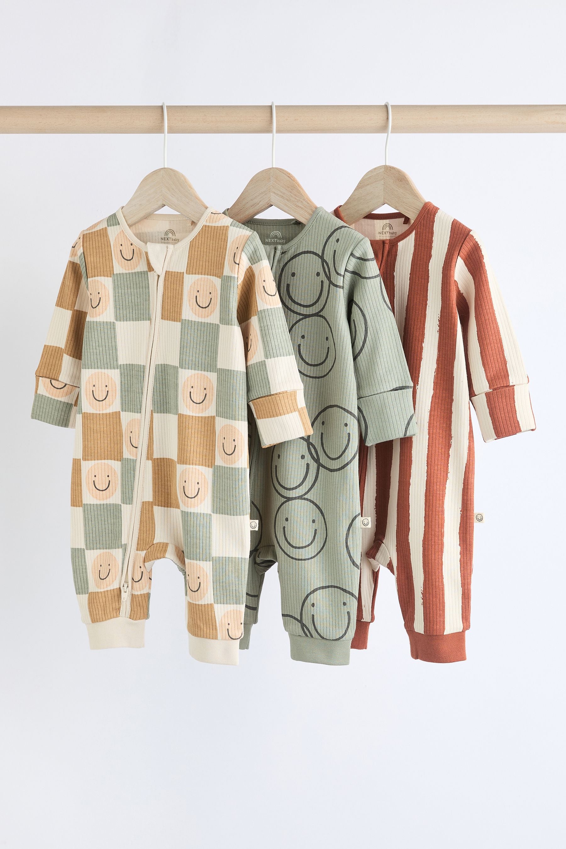 Neutral Checkerboard Footless Zipped Baby Sleepsuits 3 Pack (0mths-3yrs)