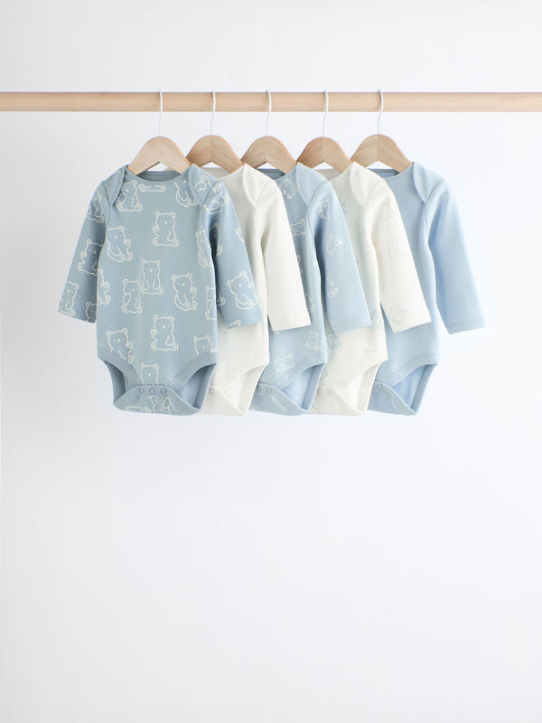 Baby Blue Long Sleeves 100% Cotton Bodysuits 5 Pack