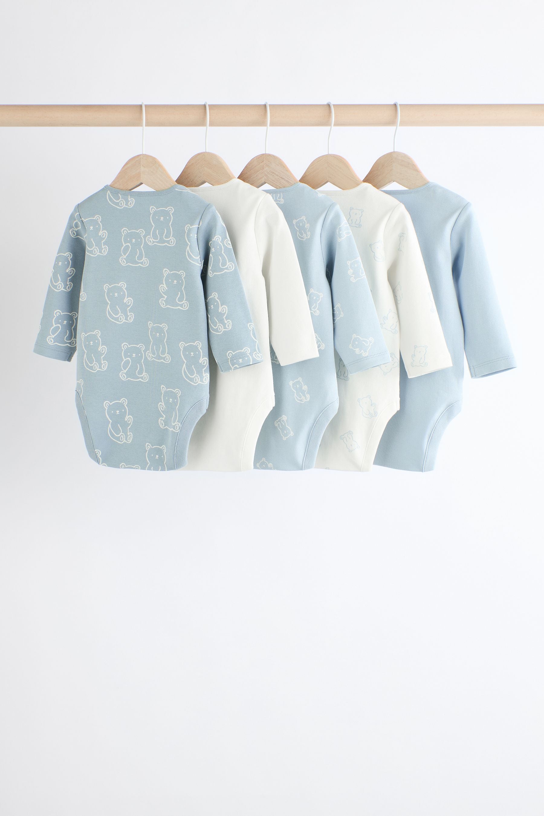 Baby Blue Long Sleeves 100% Cotton Bodysuits 5 Pack