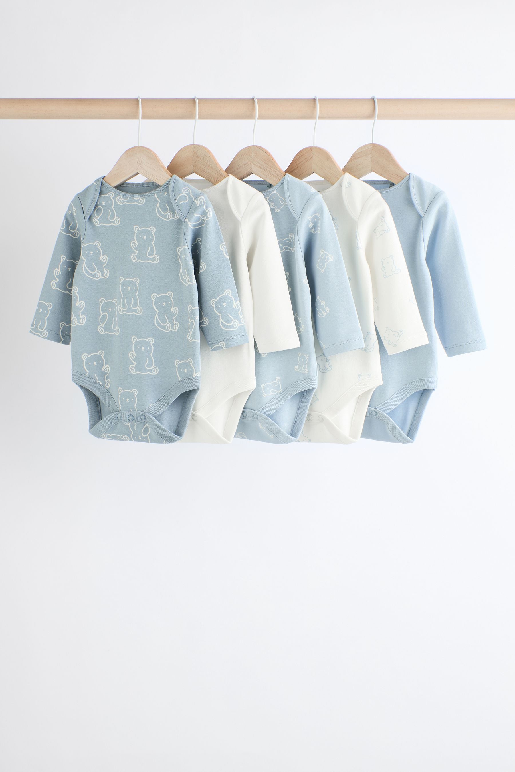 Baby Blue Long Sleeves 100% Cotton Bodysuits 5 Pack