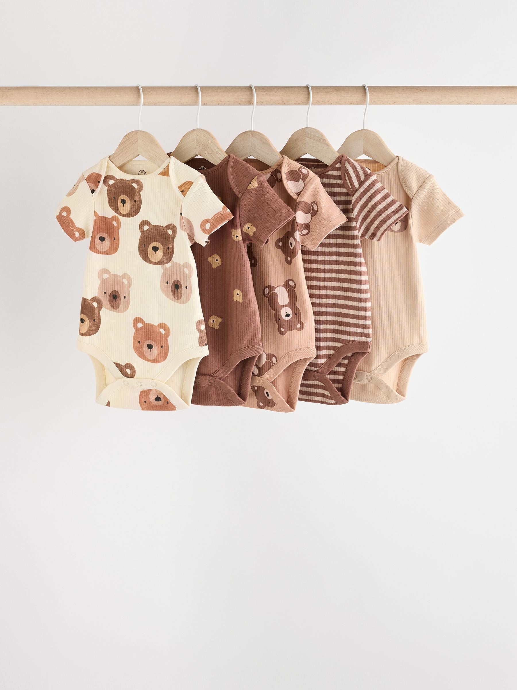 Brown Bear Face 5 Pack Baby Short Sleeved 100% Cotton Bodysuits 5 Pack