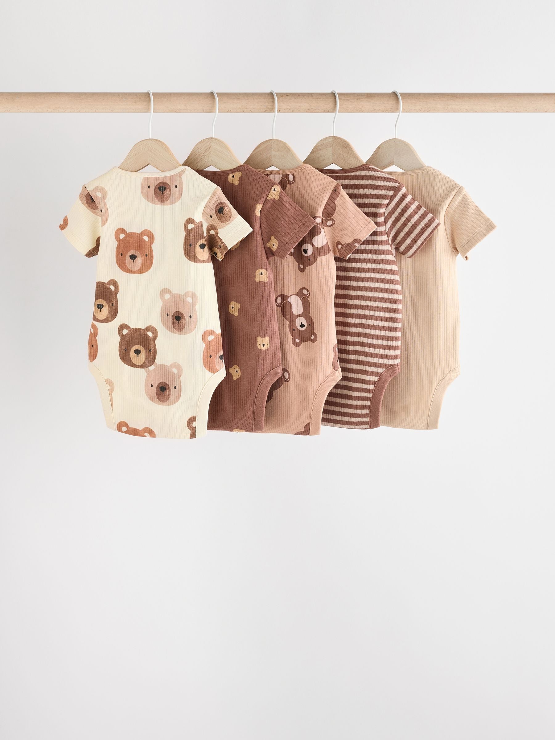 Brown Bear Face 5 Pack Baby Short Sleeved 100% Cotton Bodysuits 5 Pack