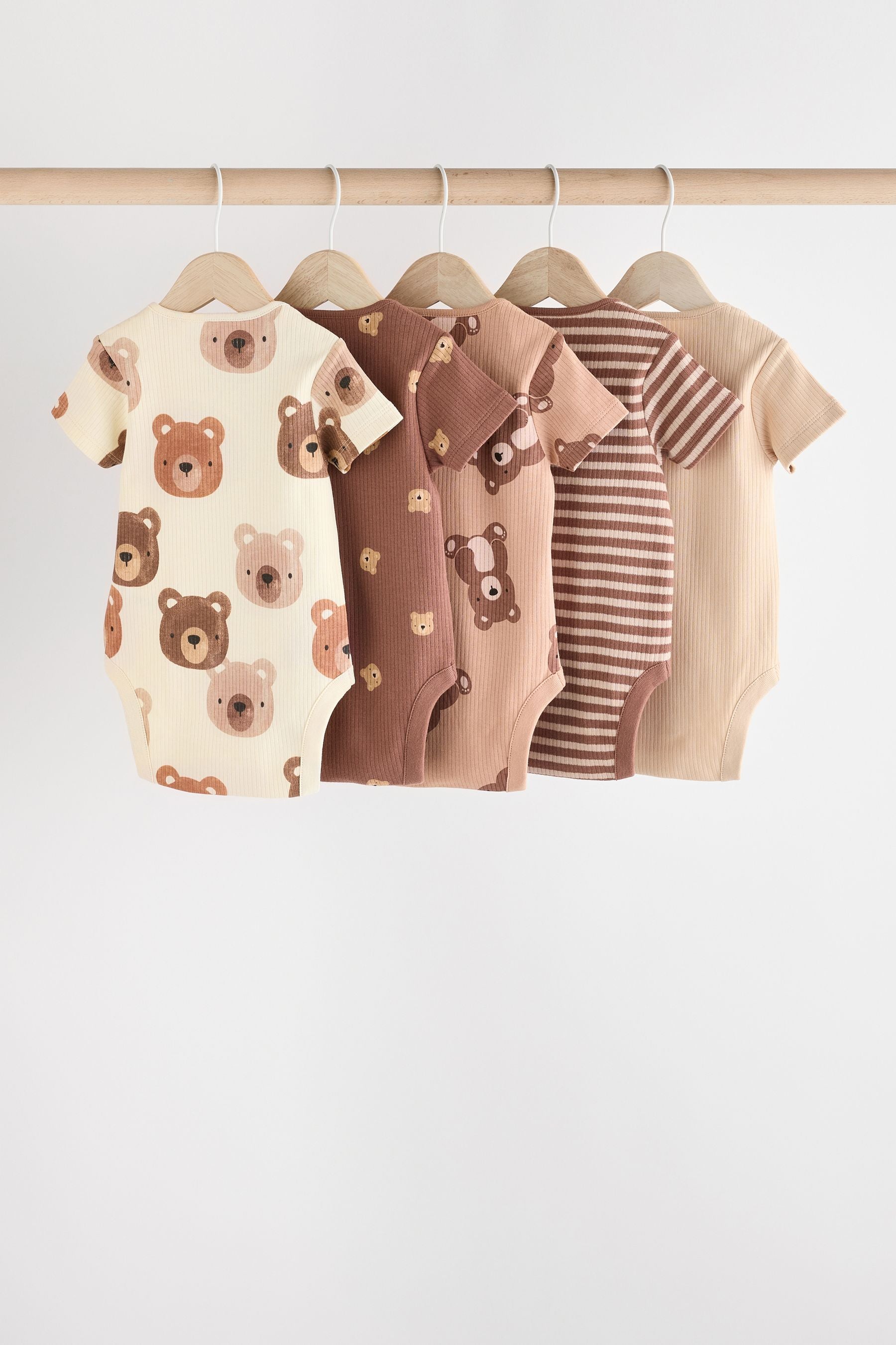 Brown Bear Face Baby Cotton Short Sleeved Bodysuits 5 Pack