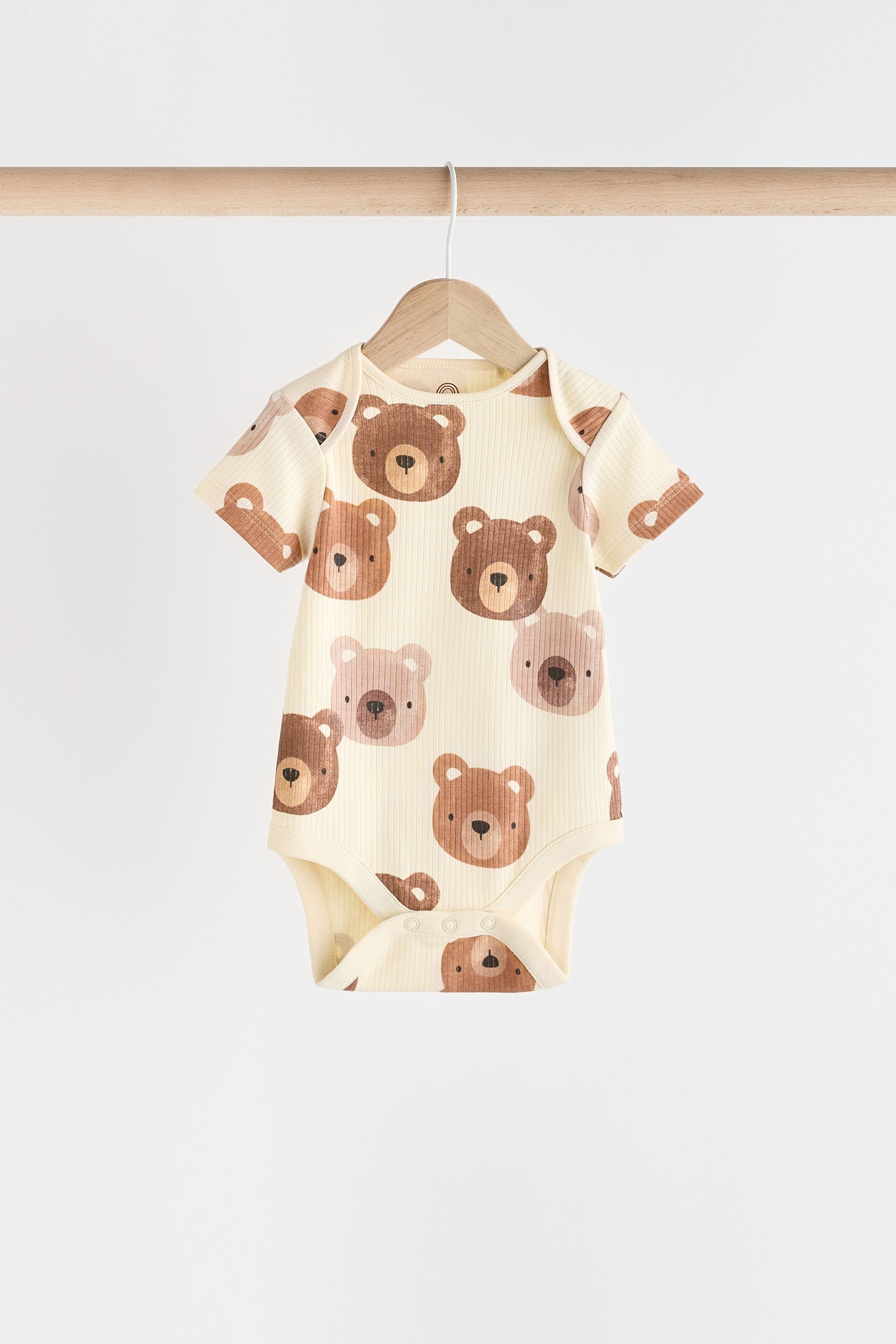 Brown Bear Face Baby Cotton Short Sleeved Bodysuits 5 Pack