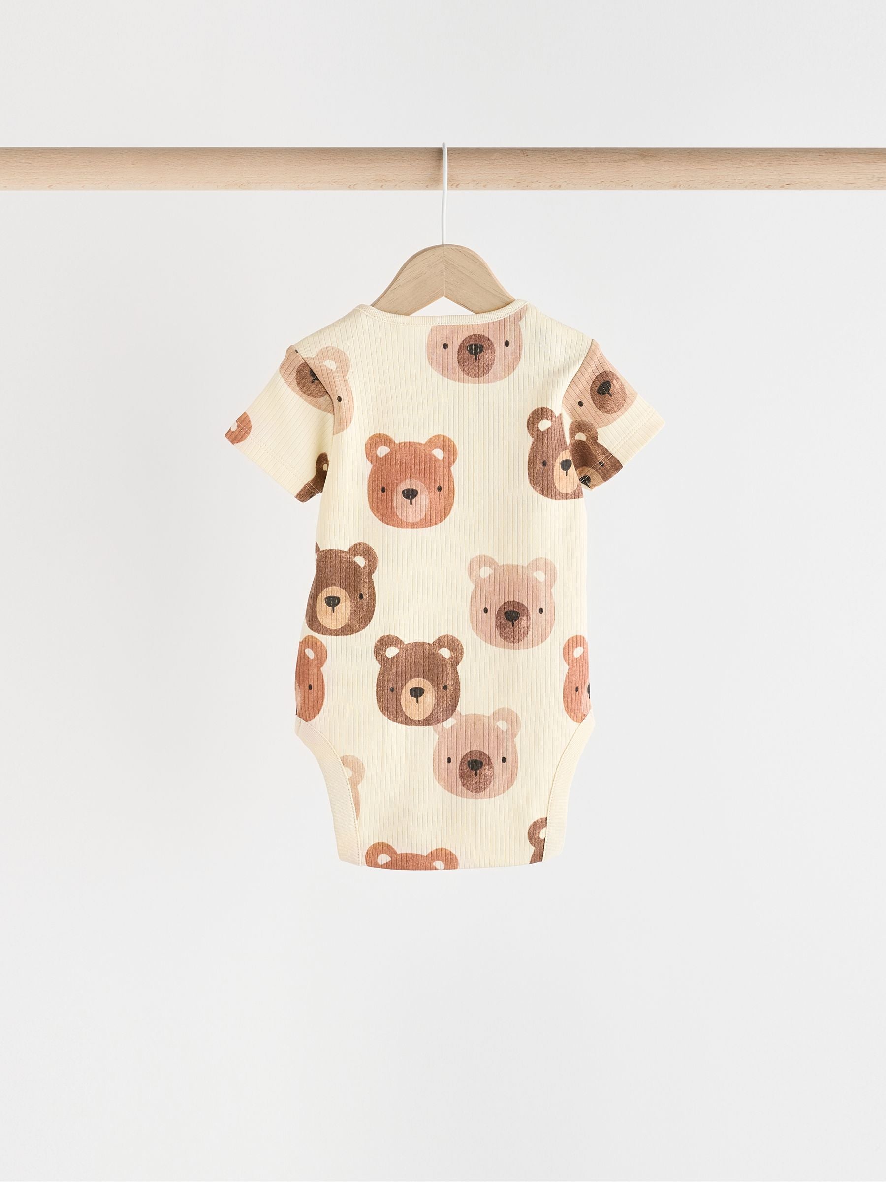 Brown Bear Face 5 Pack Baby Short Sleeved 100% Cotton Bodysuits 5 Pack