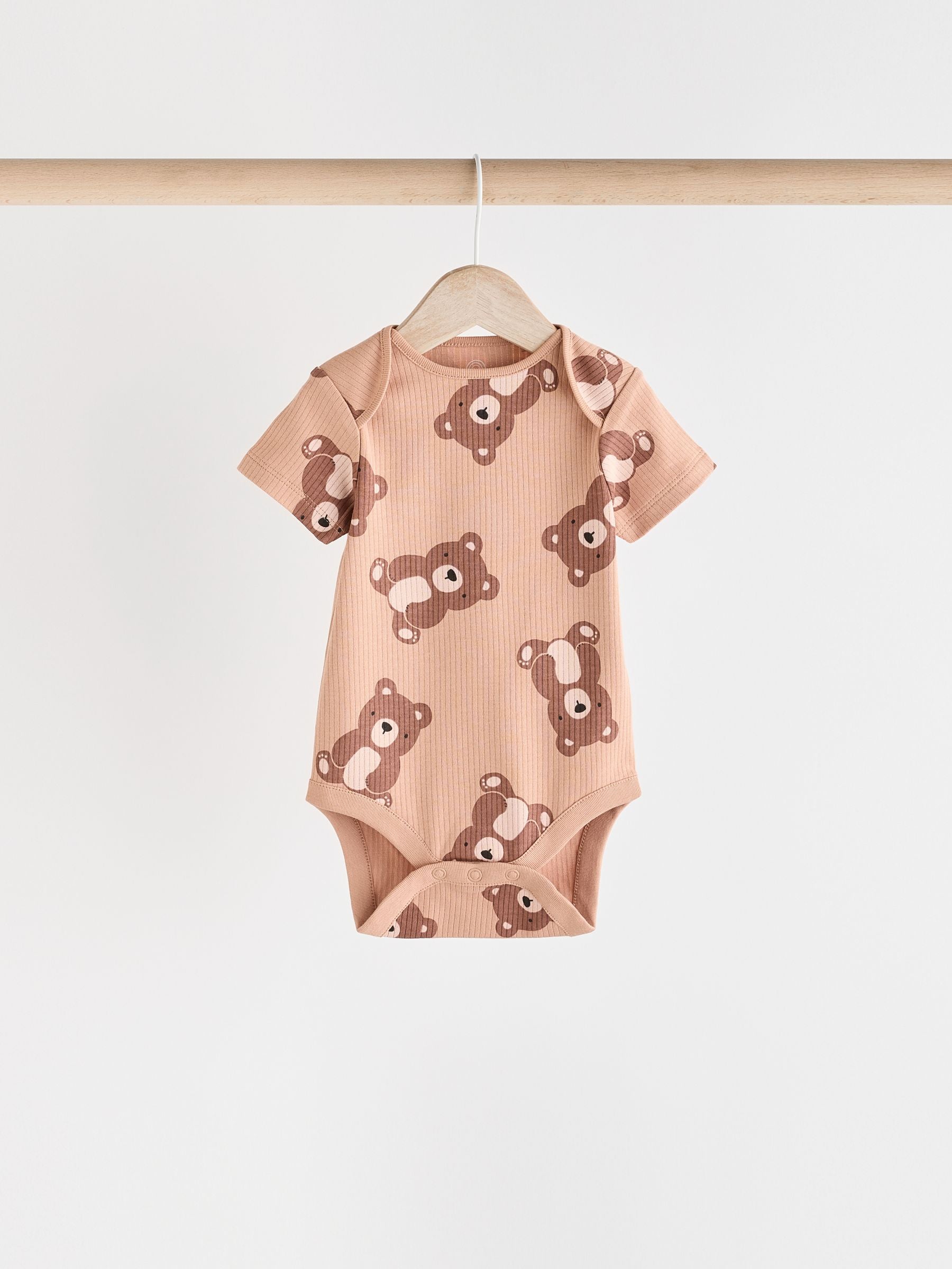 Brown Bear Face 5 Pack Baby Short Sleeved 100% Cotton Bodysuits 5 Pack