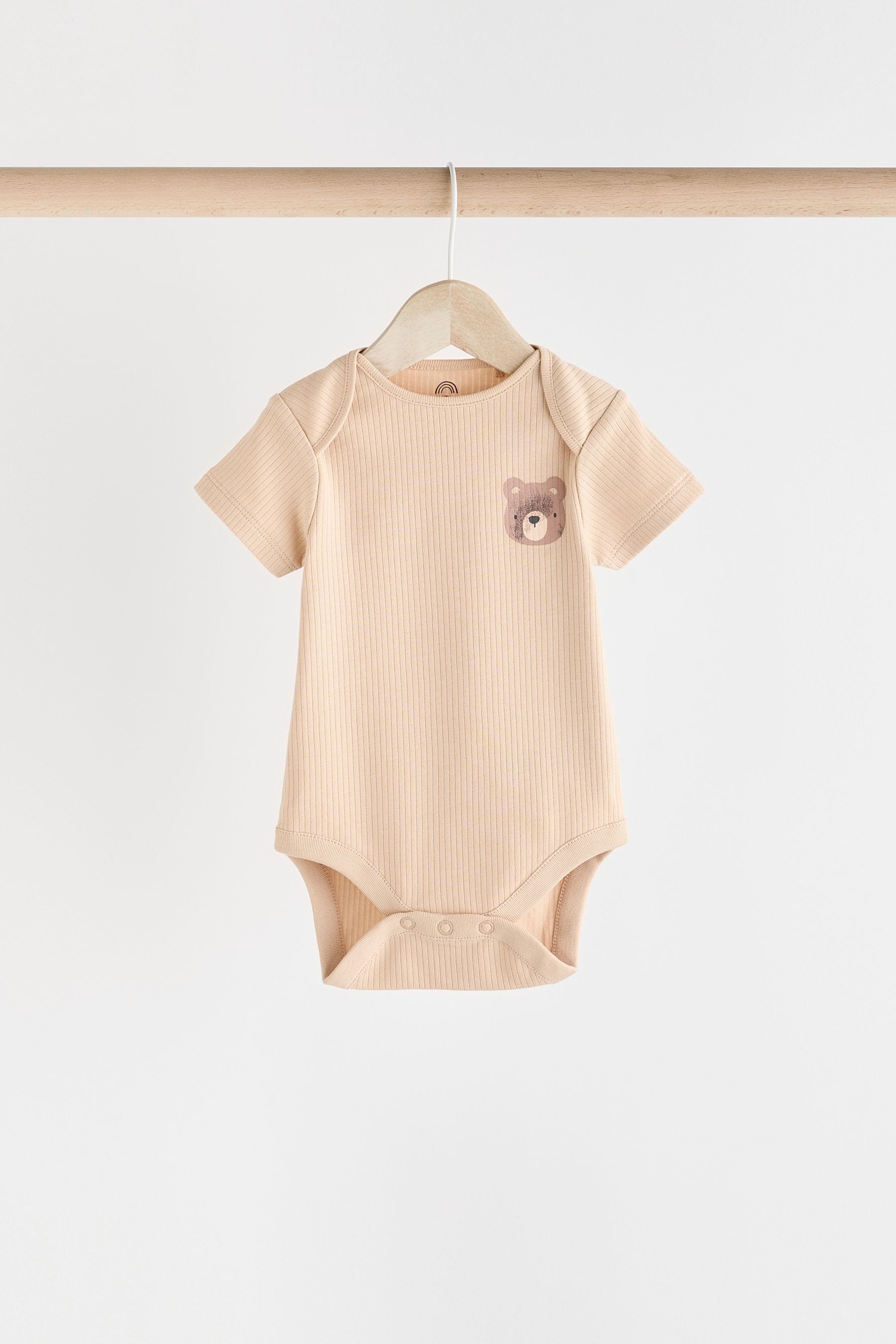 Brown Bear Face Baby Cotton Short Sleeved Bodysuits 5 Pack