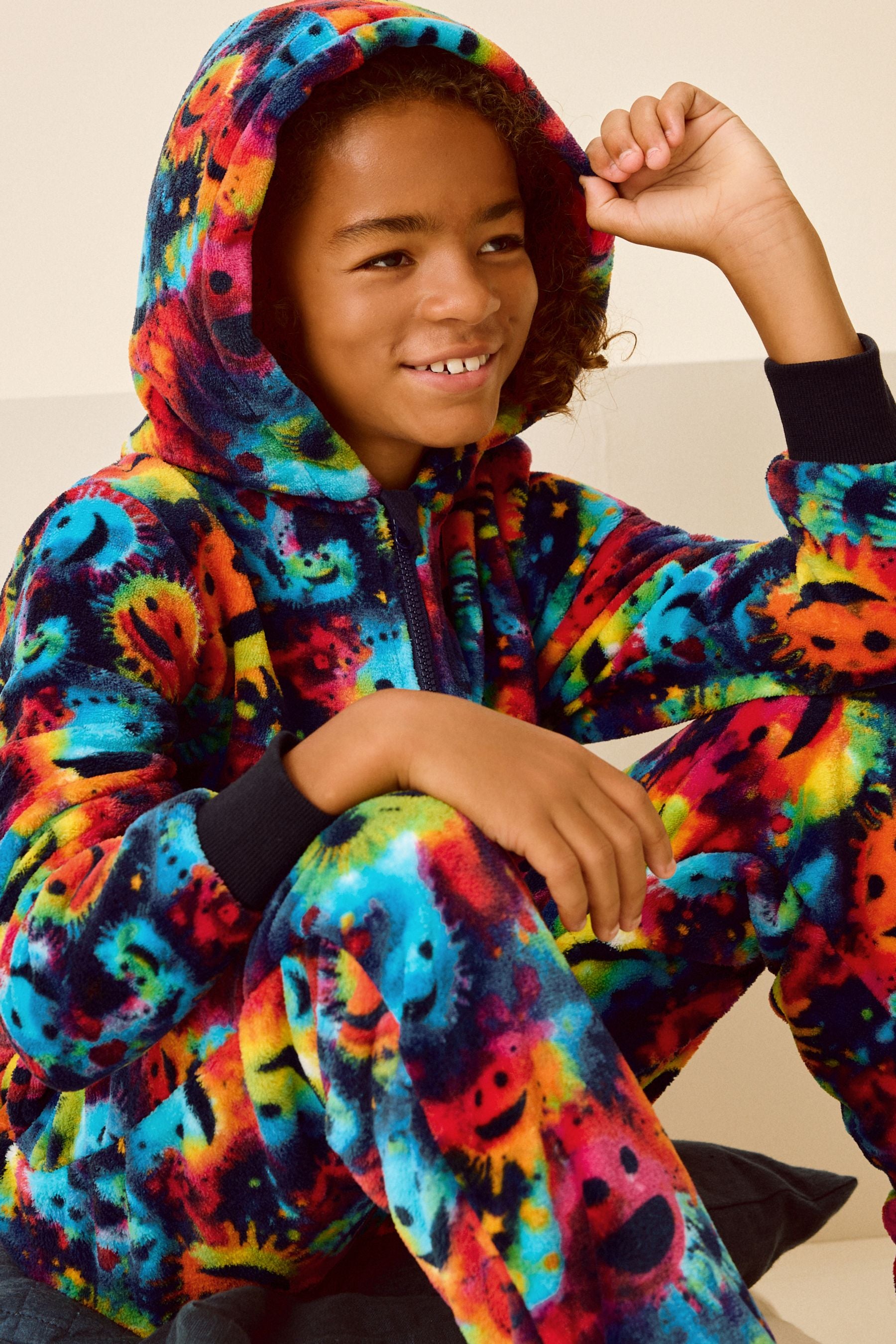 Multi Bright Smiley Face Fleece All-In-One (3-16yrs)