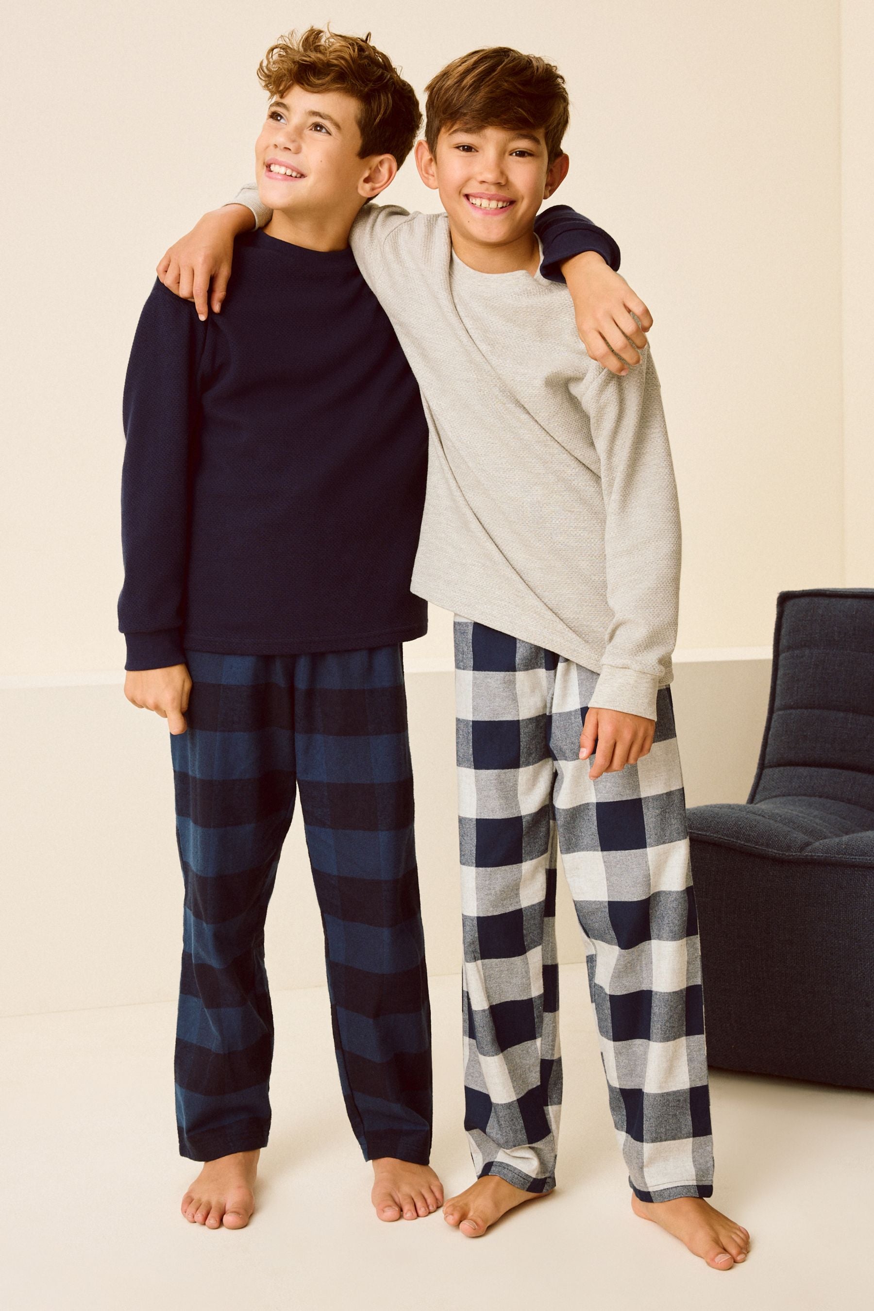 Navy/Grey Textured Top Long Sleeve Woven Check 100% Cotton Pyjamas 2 Pack (3-16yrs)