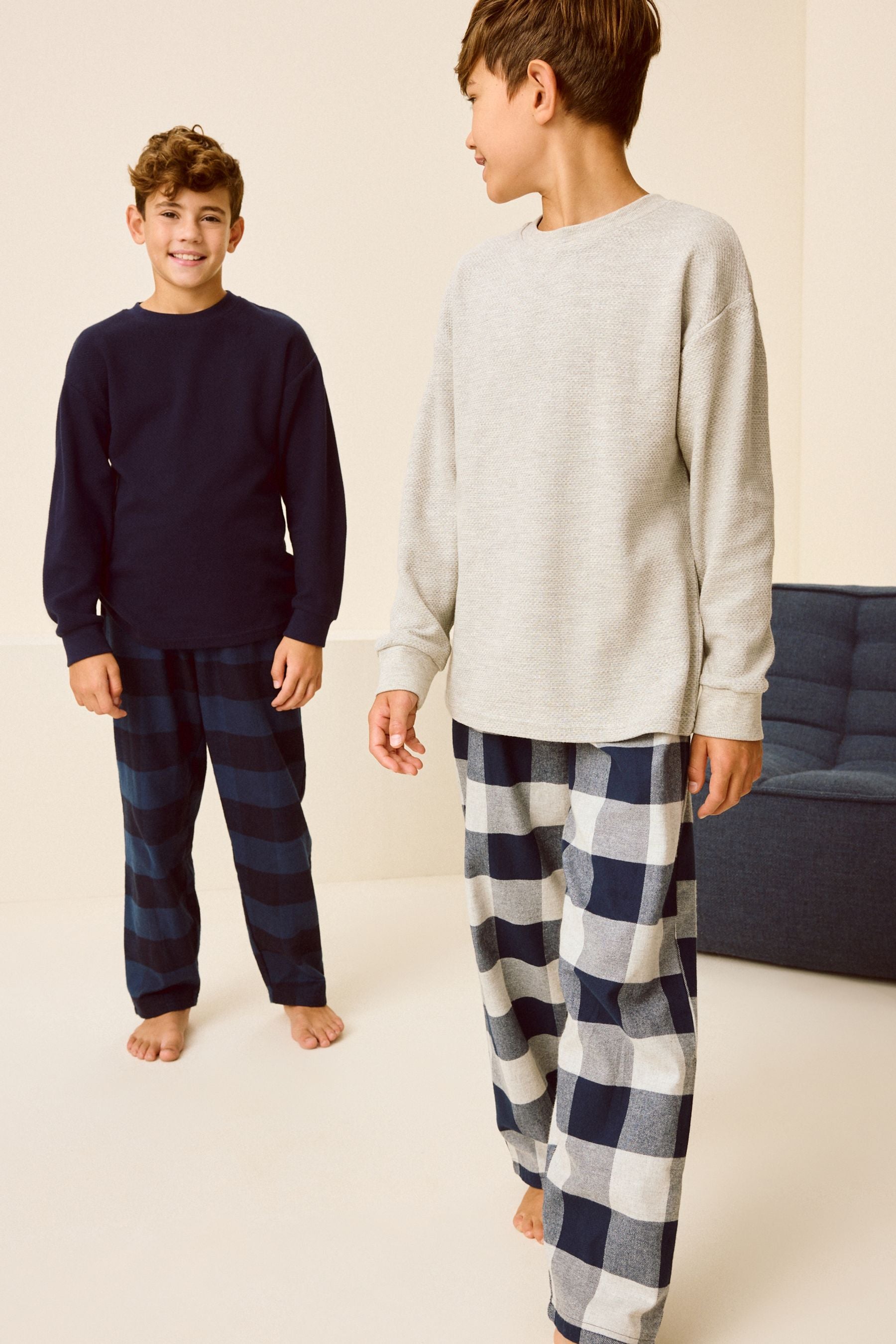 Navy/Grey Textured Top Long Sleeve Woven Check 100% Cotton Pyjamas 2 Pack (3-16yrs)