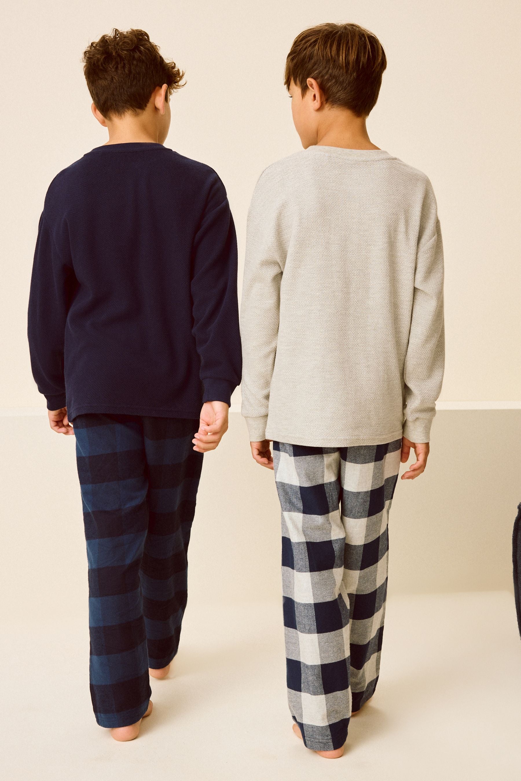 Navy/Grey Textured Top Long Sleeve Woven Check 100% Cotton Pyjamas 2 Pack (3-16yrs)