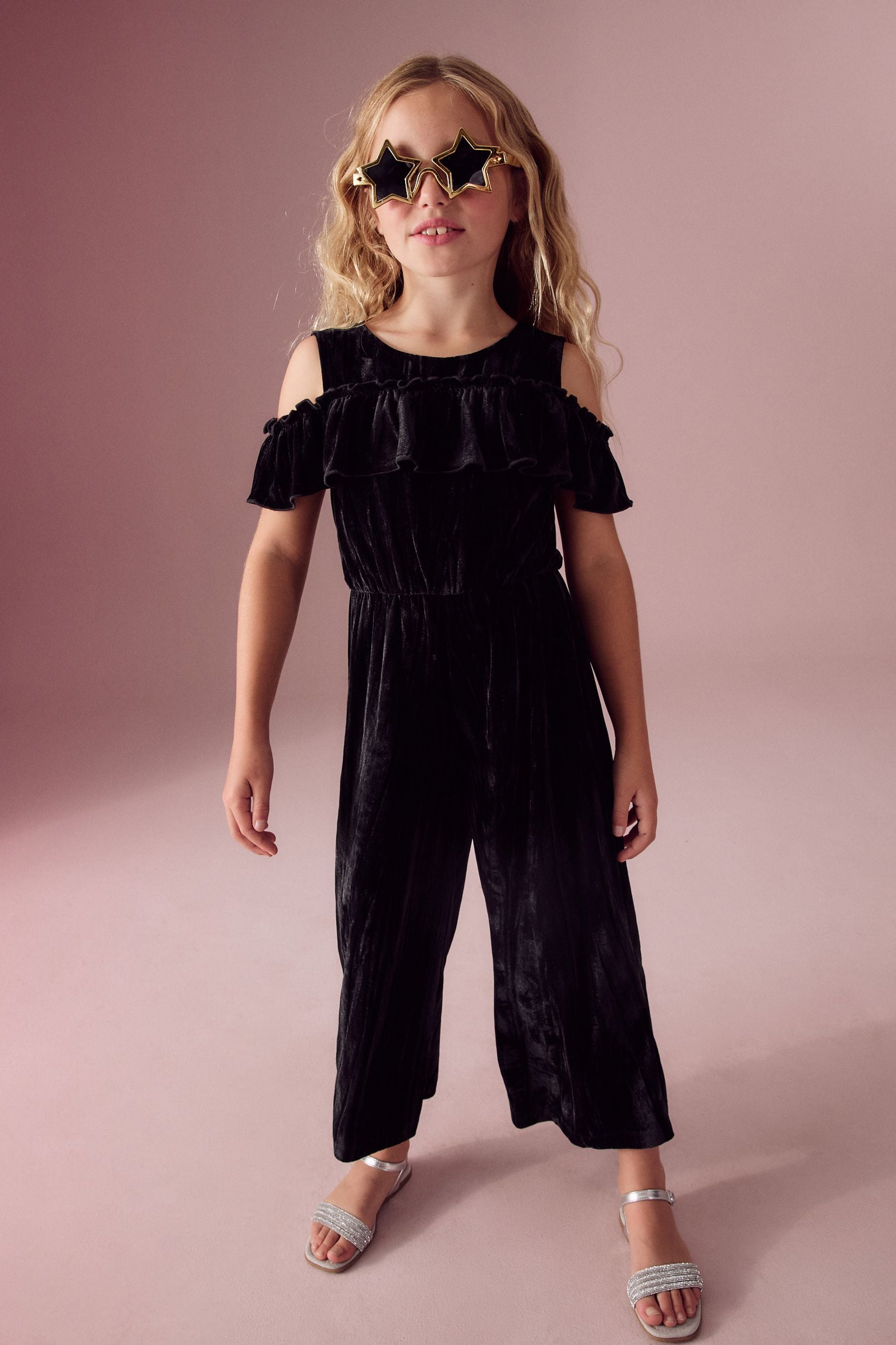 Black Velvet Cold Shoulder Jumpsuit (3-16yrs)