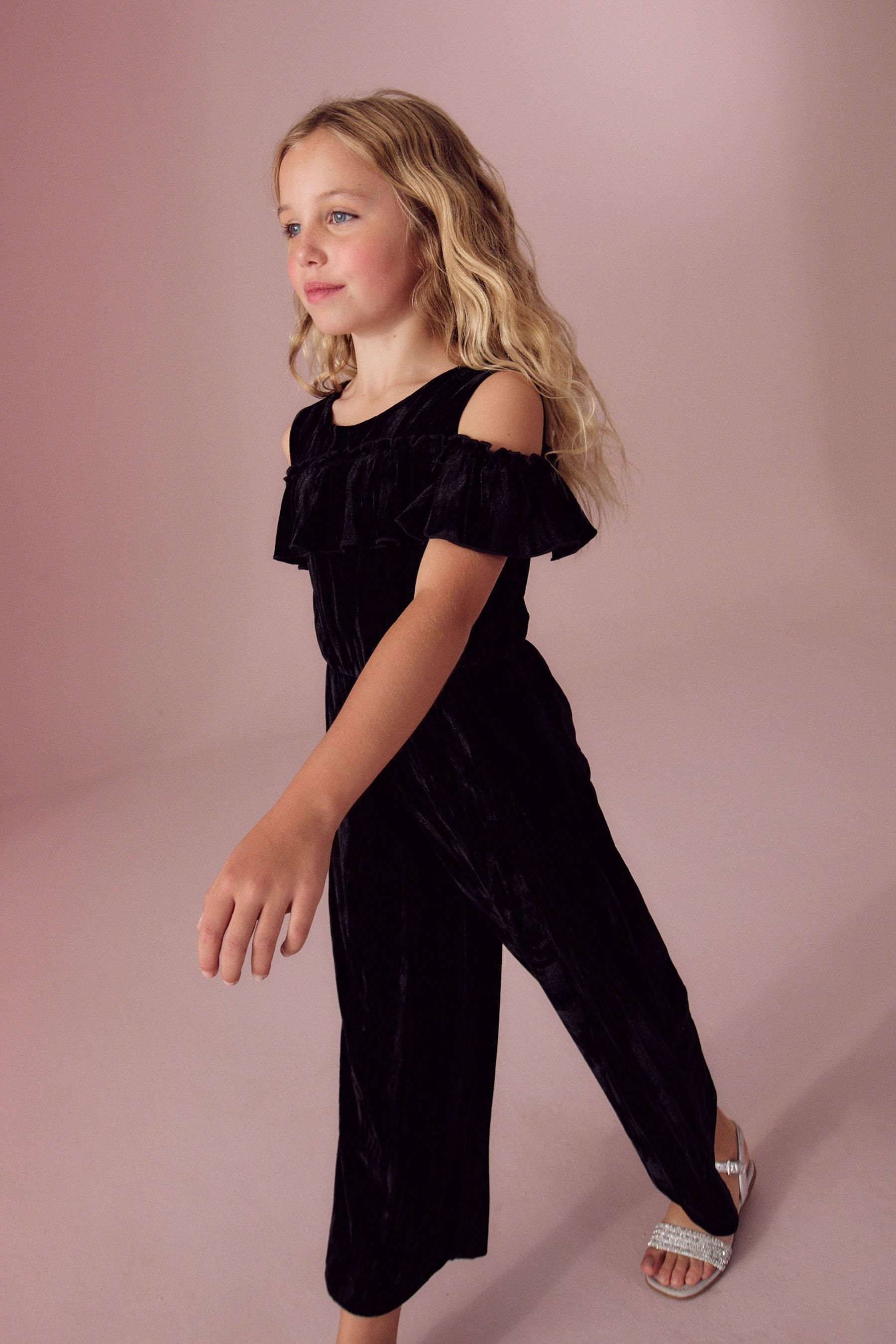 Black Velvet Cold Shoulder Jumpsuit (3-16yrs)