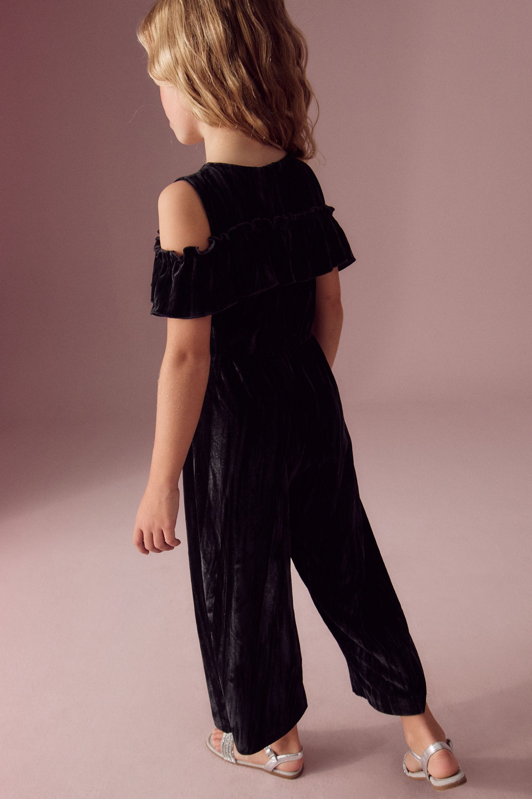 Black Velvet Cold Shoulder Jumpsuit (3-16yrs)