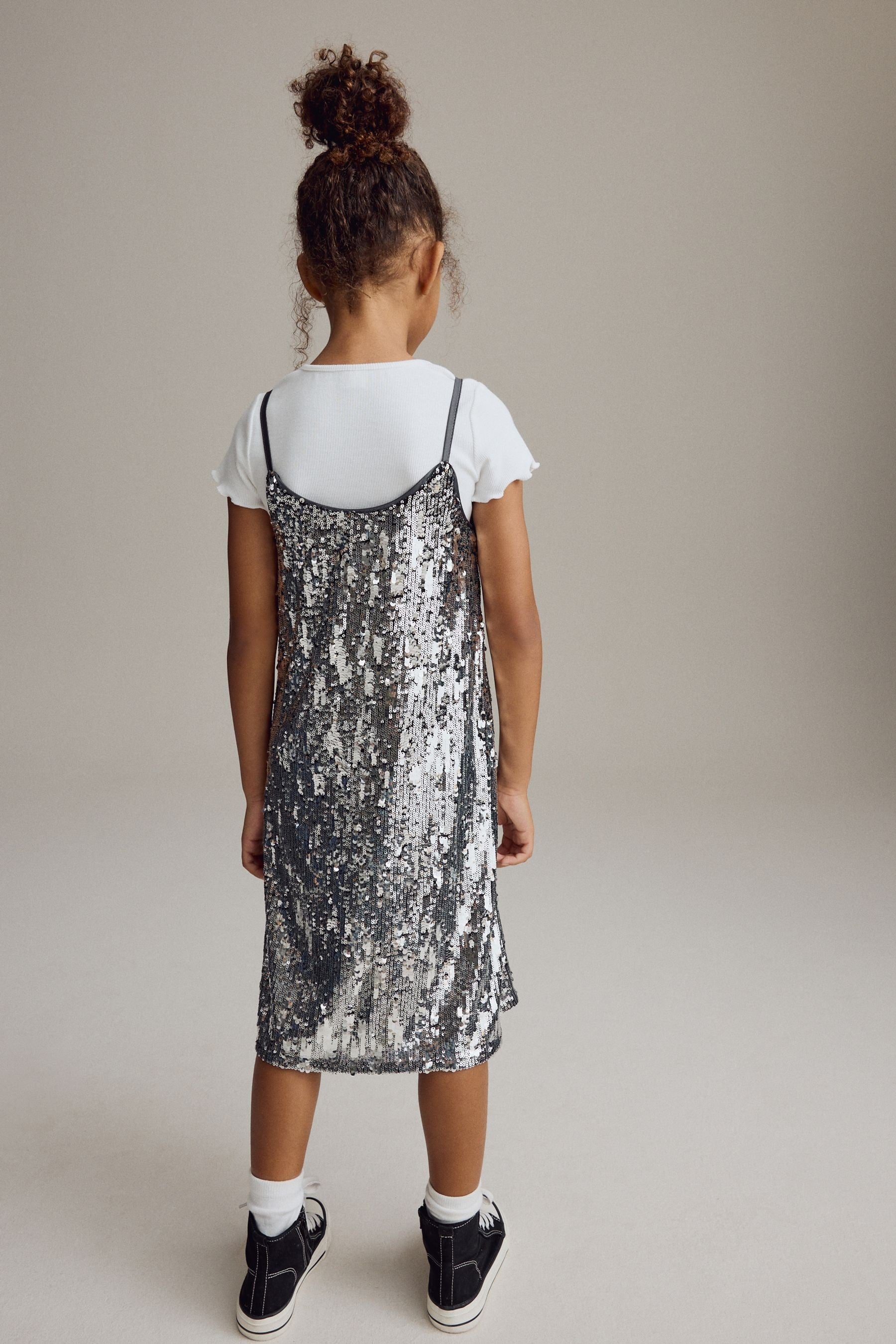 Silver Sequin Slip Dress and T-Shirt Set (3-16yrs)