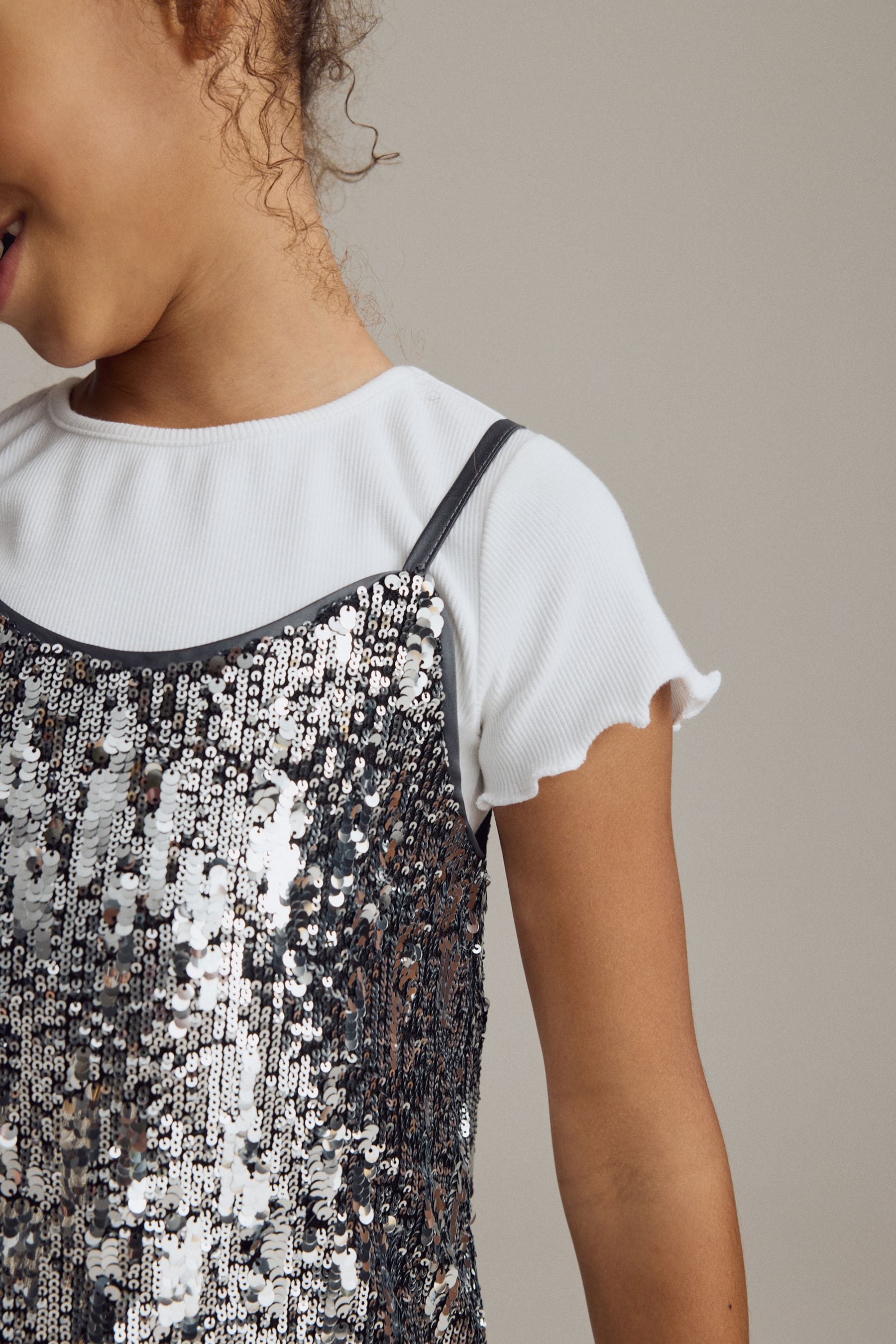 Silver Sequin Slip Dress and T-Shirt Set (3-16yrs)