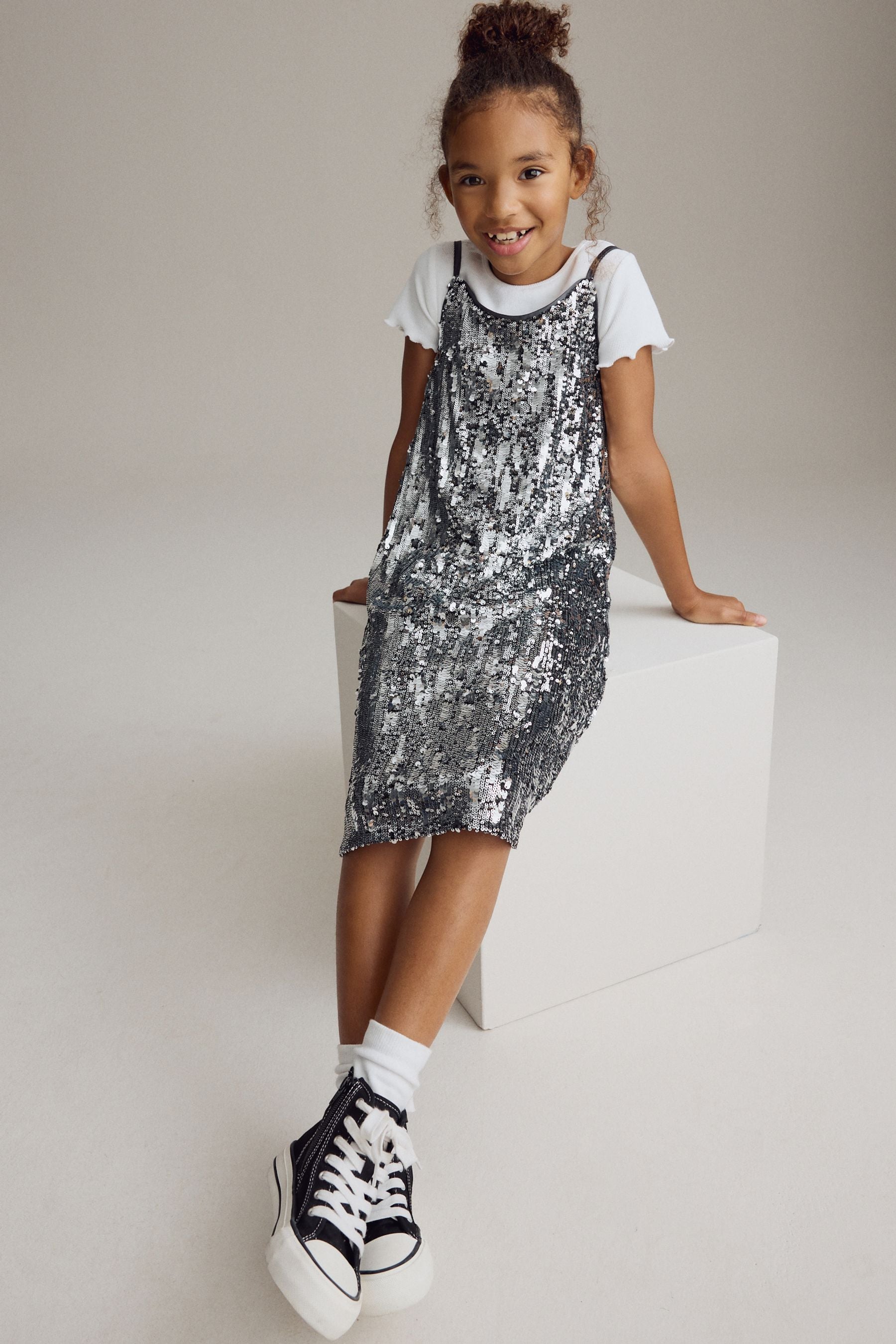 Silver Sequin Slip Dress and T-Shirt Set (3-16yrs)