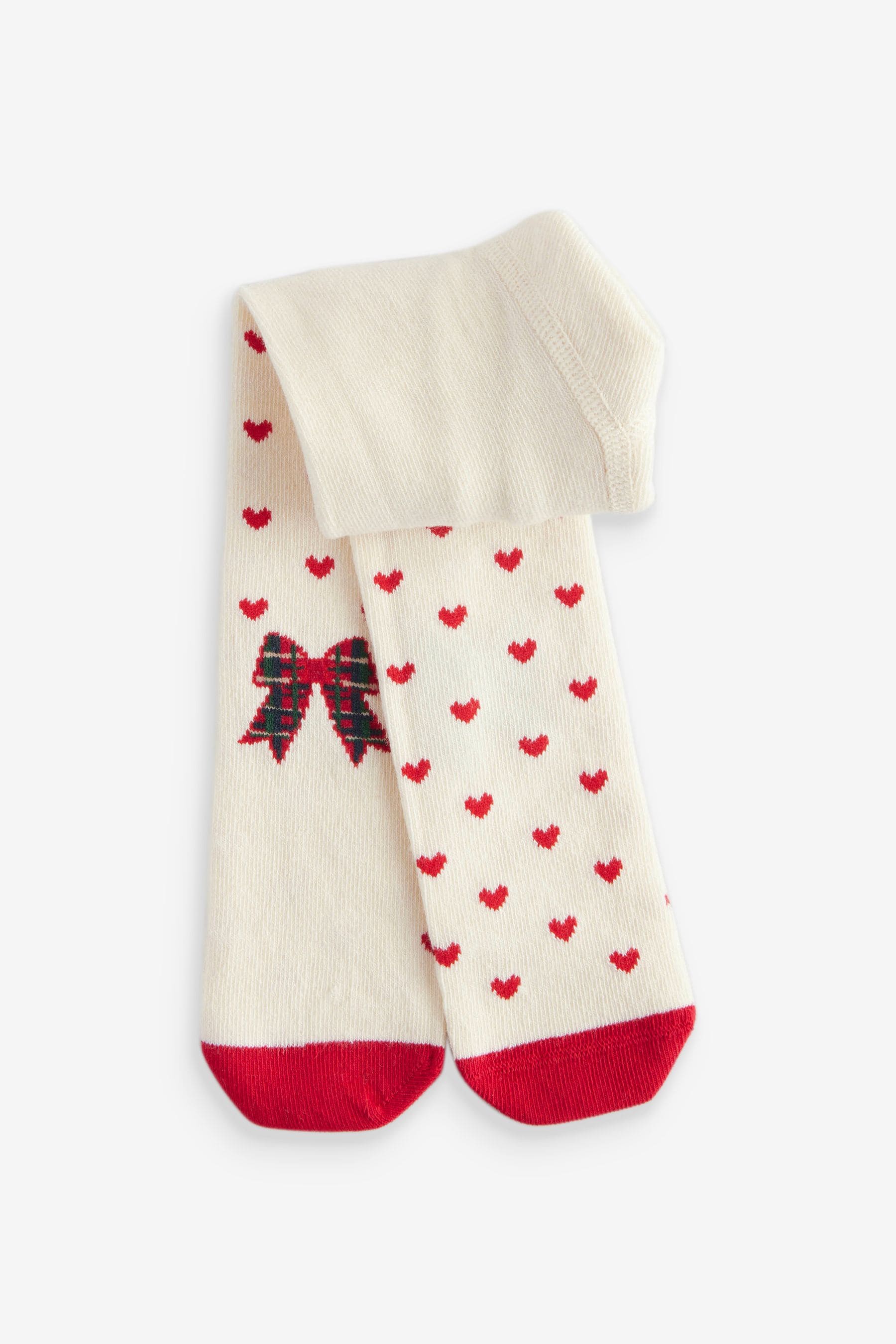 Ecru Cream/Red Hearts And Bow Christmas Bow Baby Tights (0mths-2yrs)