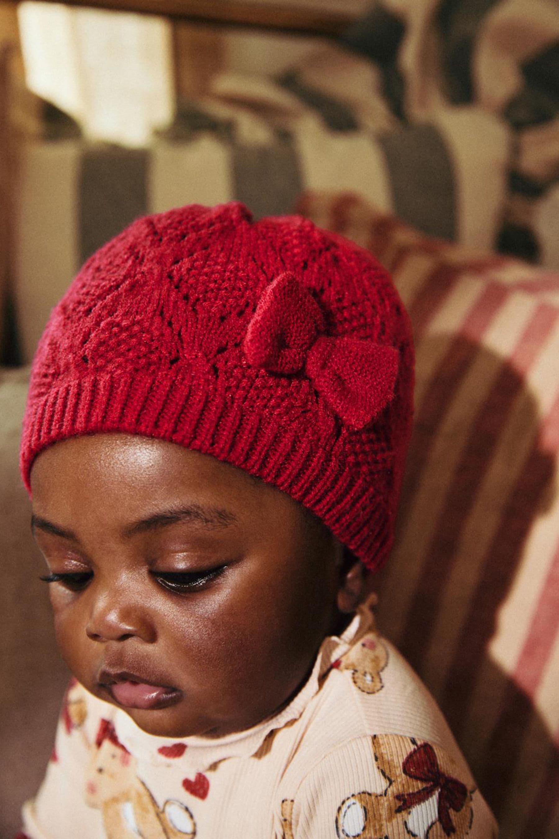 Red Baby Pointelle Knitted Beanie (0mths-2yrs)