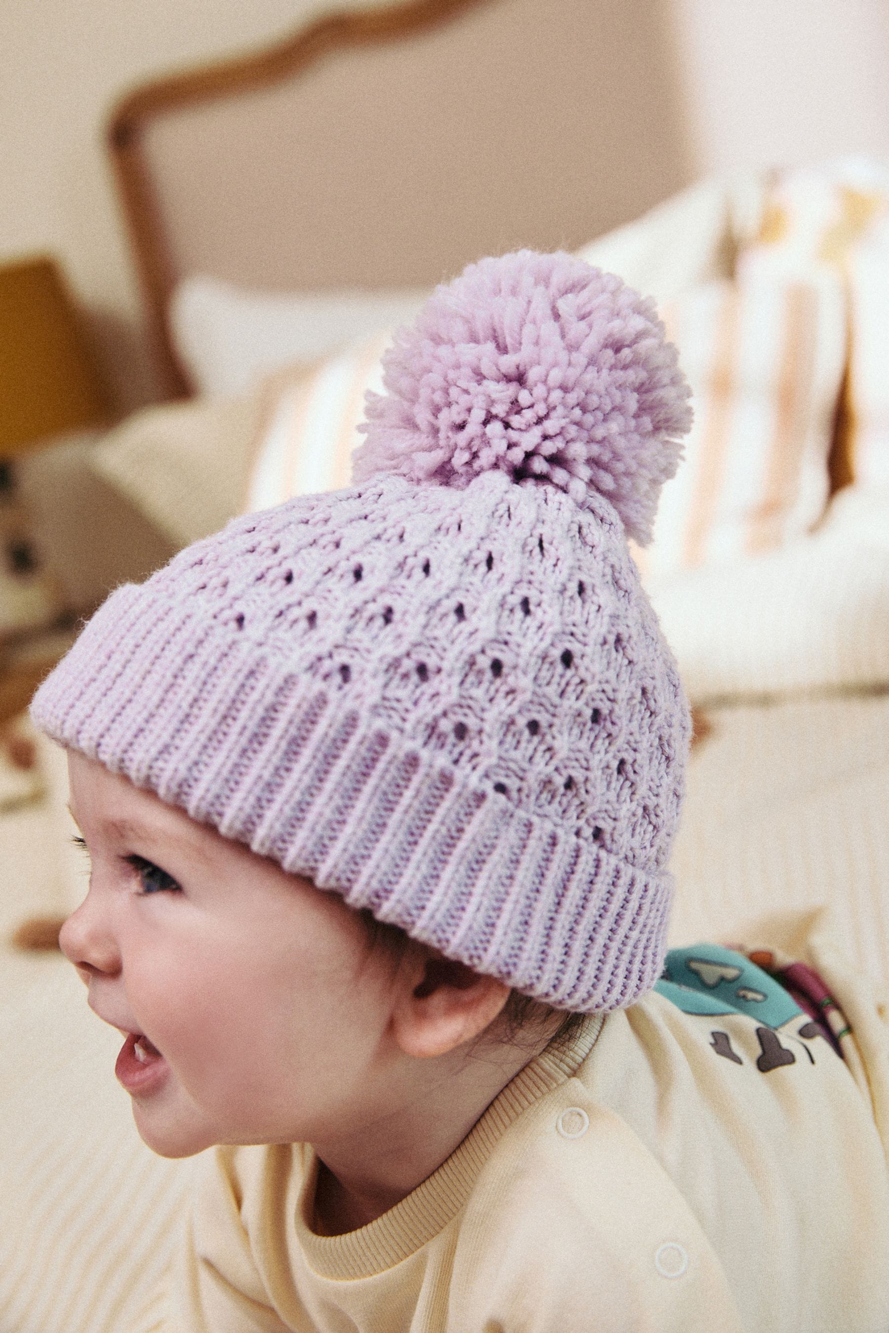 Lilac Waffle Knit Baby Pom Hat (0mths-2yrs)