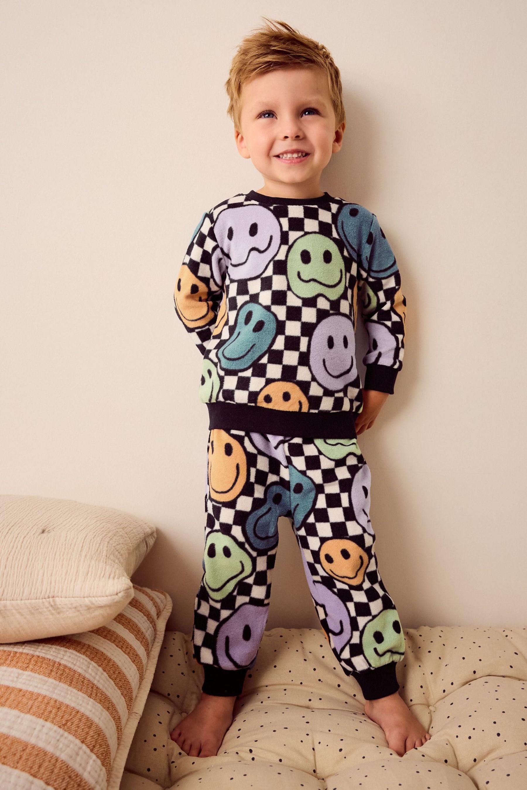 Neutral/Black Checkerboard Smile Face Single Soft Touch Fleece With Elastane Pyjamas (9mths-12yrs)