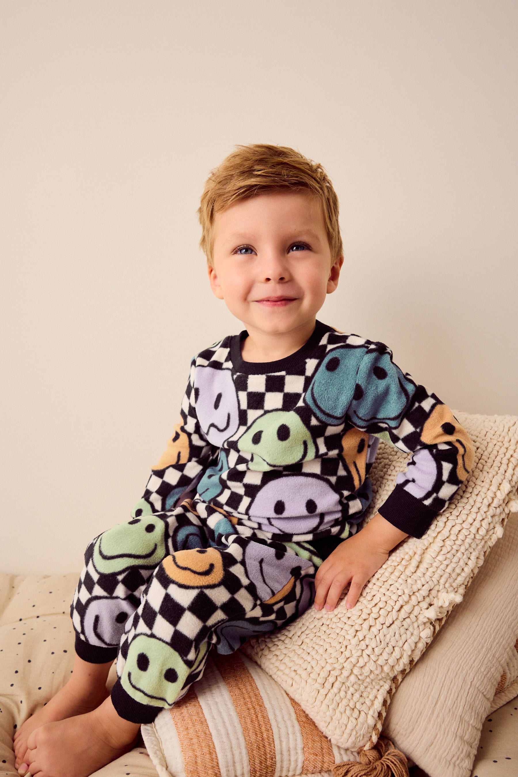 Neutral/Black Checkerboard Smile Face Single Soft Touch Fleece With Elastane Pyjamas (9mths-12yrs)