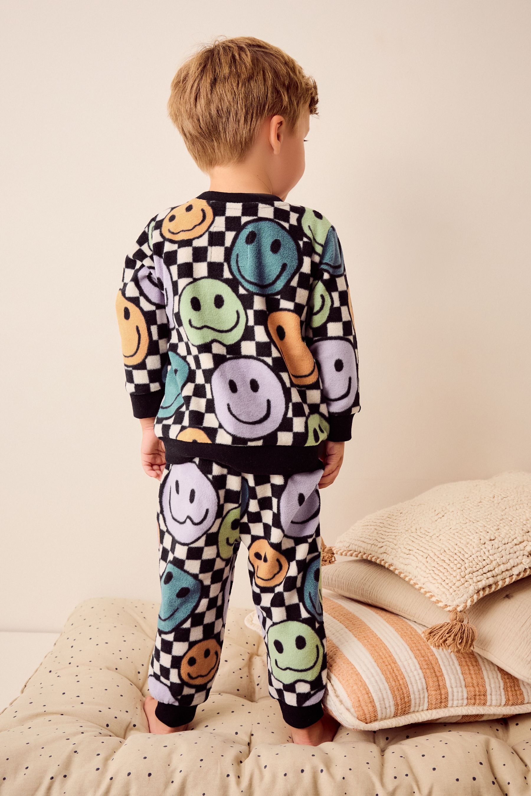 Neutral/Black Checkerboard Smile Face Single Soft Touch Fleece With Elastane Pyjamas (9mths-12yrs)