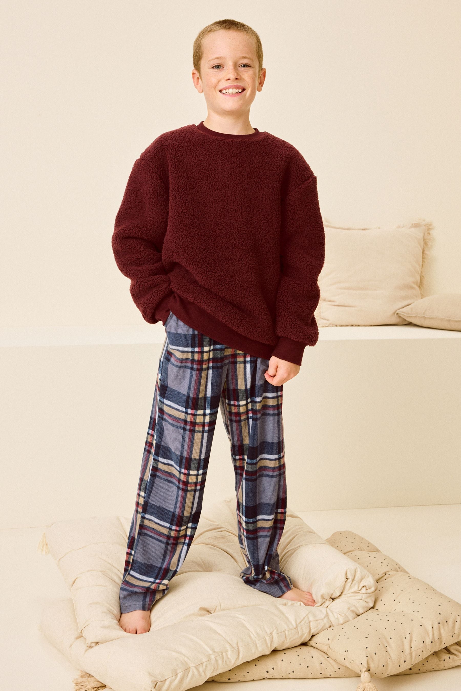 Plum Purple Check Borg Single Pyjamas (3-16yrs)