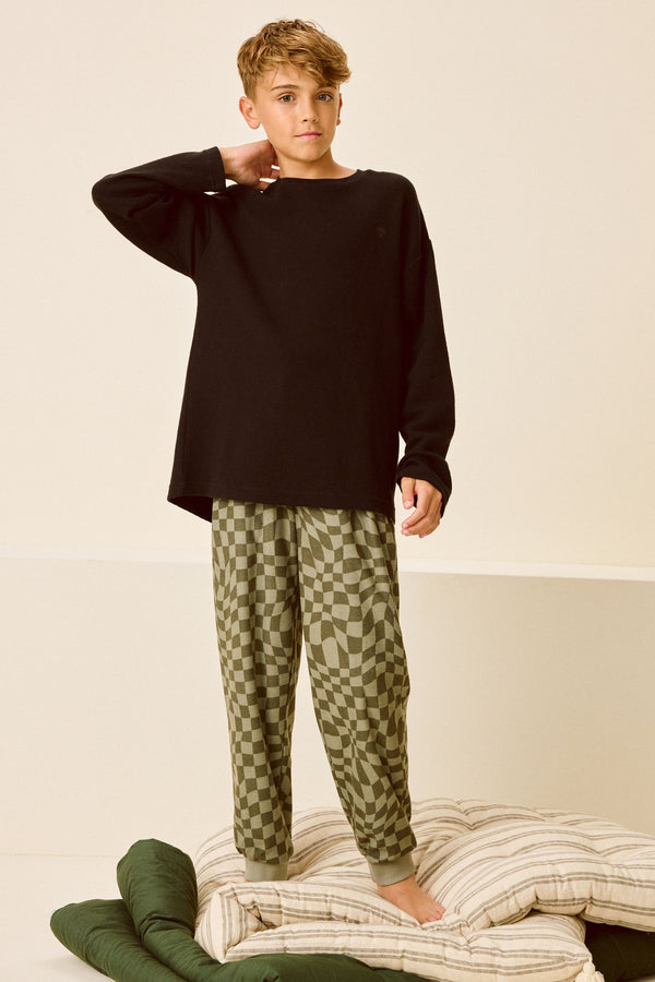 Black/Green Checkerboard Single Cosy Fleece Pyjamas (3-16yrs)