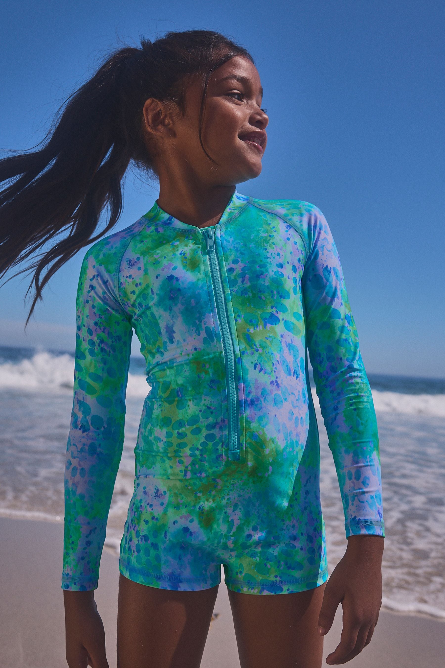 Blue Long Sleeved Shortie Swimsuit (3-16yrs)