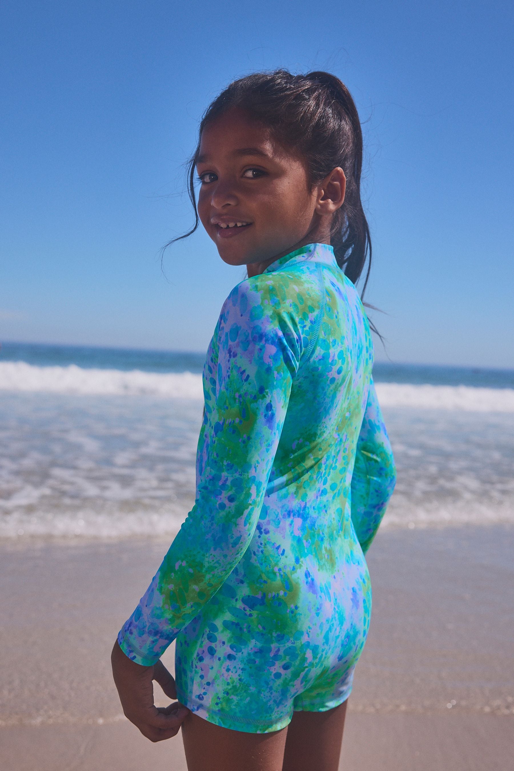 Blue Long Sleeved Shortie Swimsuit (3-16yrs)